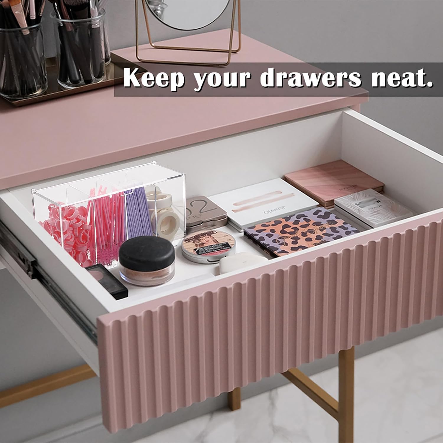 Private Label ELLDOO Lash Extension Organizer Box with Lid, Acrylic Eyelash Supplies Organizer Storage Box, 4 Compartments Bathroom Supplies Storage Container for Cotton Swabs, Balls, Pads, Floss Picks Custom Logo Service