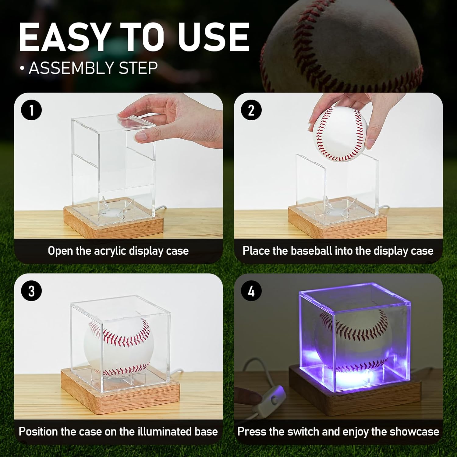 Private Label Baseball Display Case with LED Light, Wooden Base Baseball Case Display for Balls, UV Protected Acrylic Boxes for Display, Autographed/Memorabilia Signed Baseball Clear Display Case Cube (1PCS) Ecommerce Ready Product