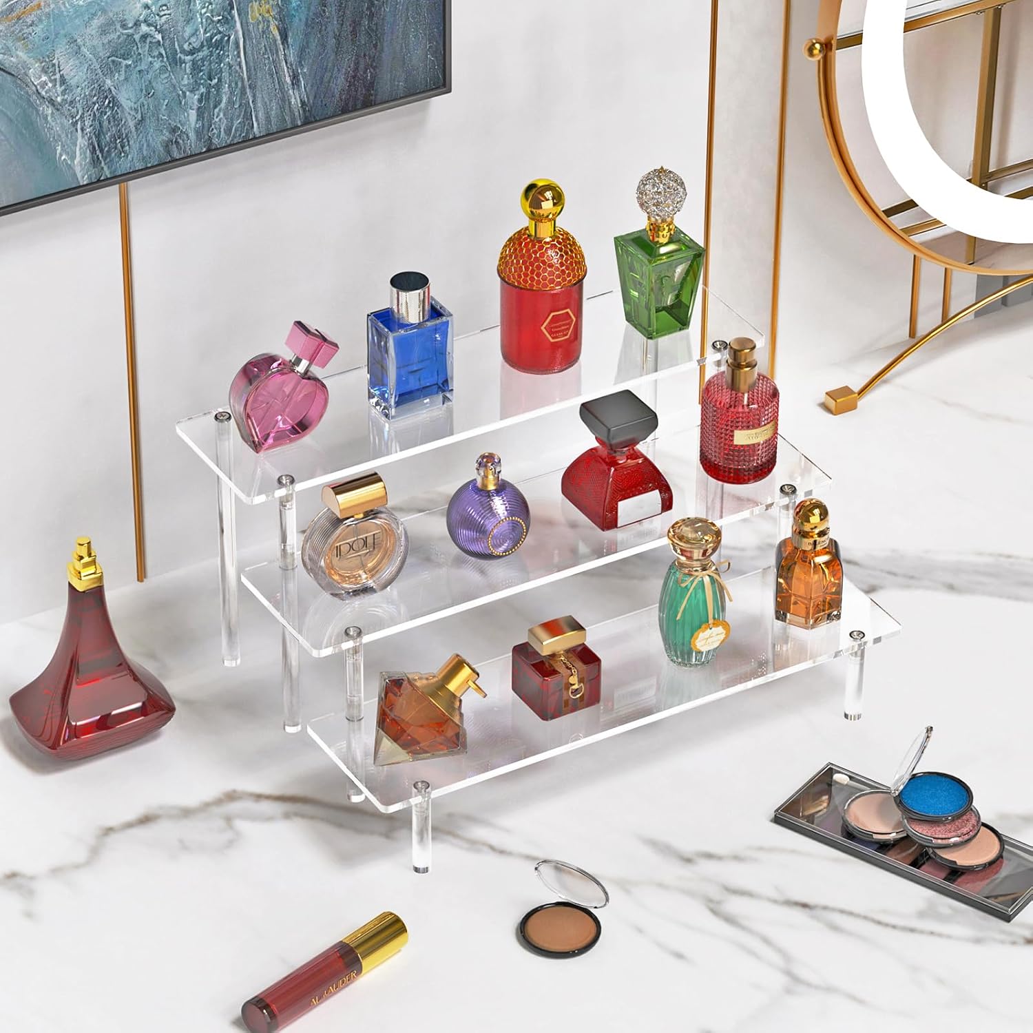 Private Label 3 Tier Acrylic Display Risers, Large Perfume Organizer Stand, Clear Cupcake Stand Holder, Display Shelves for Figurines, Dessert Shelf for Party, Risers Display Stand for Decoration (1 Pack) Custom Logo Service