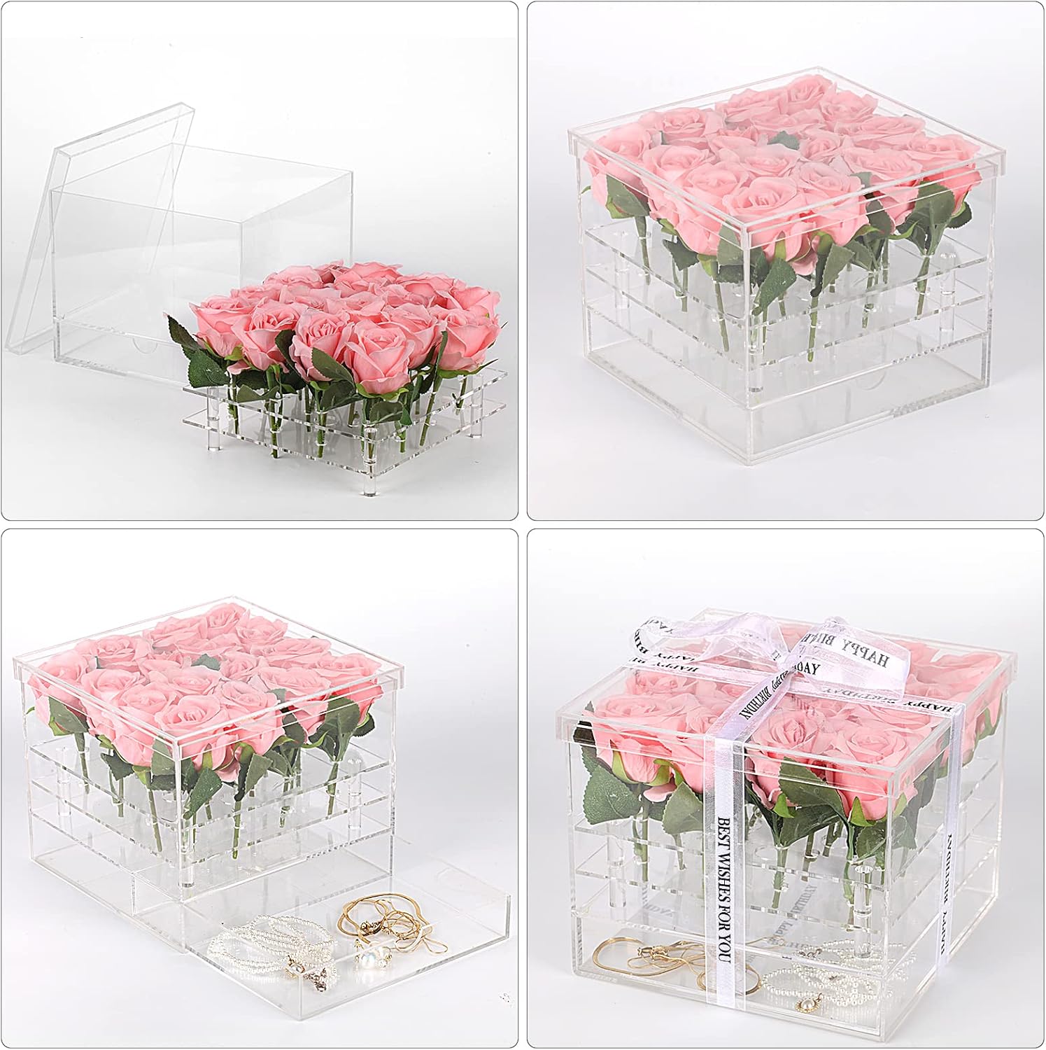 Private Label Choowin Clear Acrylic Flower Box with Drawer - Decorative Keepsake Box - 16 Hole Flower Vase - 7.9x7.9x5.9 inch Wholesale Manufacturer