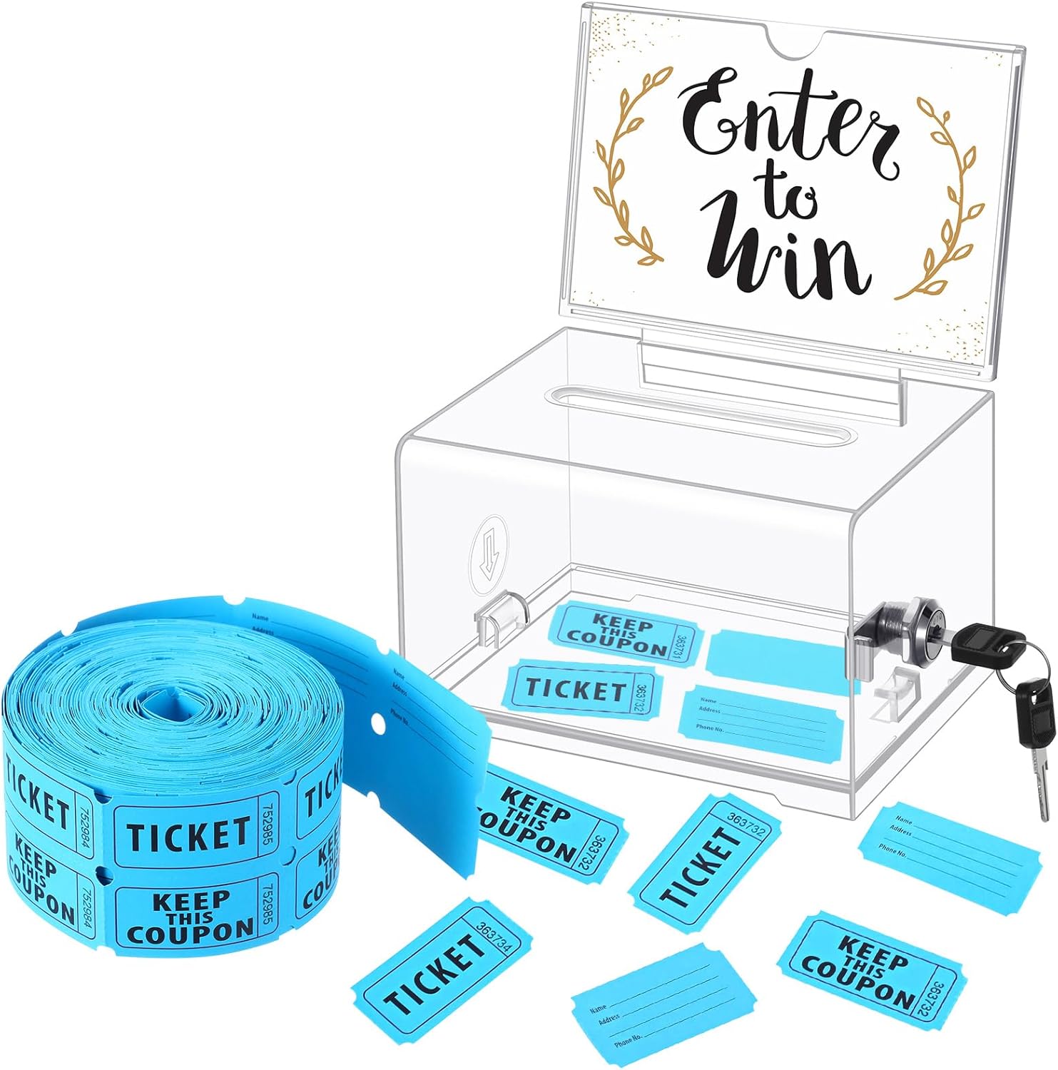 Havawish Enter to Win Raffle Ticket Box with 500 Raffle Ticket Double Roll and Slot Clear Acrylic Donation Box with Lock 6.3" x 4.7" x 3.9" Ballot Holder with 2 Keys for Game Suggestion(Blue)