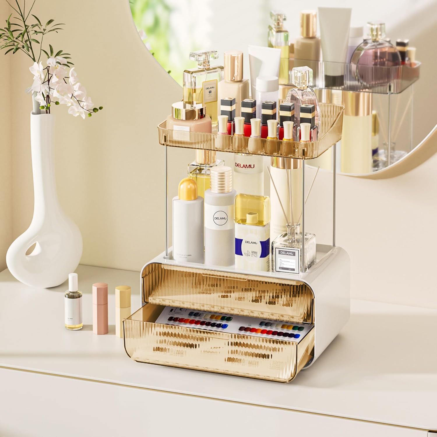 Private Label Delamu Bathroom Counter Organizer 2-Drawers 2-Tier Acrylic Makeup Organizer for Vanity Countertop, Skincare Perfume Storage, Easy Assembly, Ideal Gift for Women, Bath Linen Sets, Amber Custom Logo Service