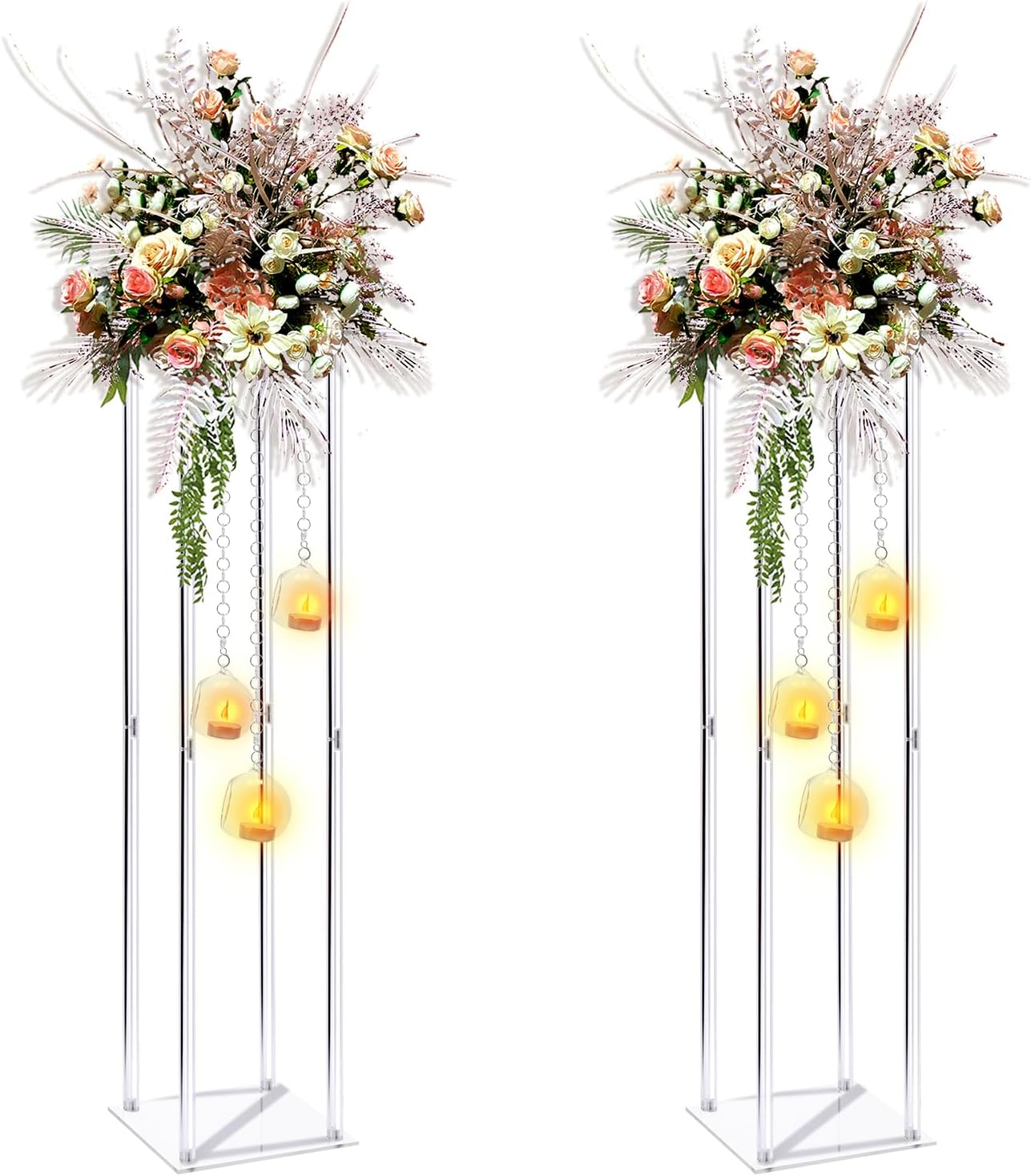 Private Label Clear Acrylic Vases Flower Stand Wedding Centerpieces with Hanging Glass Tealight Globe Candle Holders for Event Party Table Decoration Display Rack Column (2, 32 inch) OEM Wholesale Manufacturer