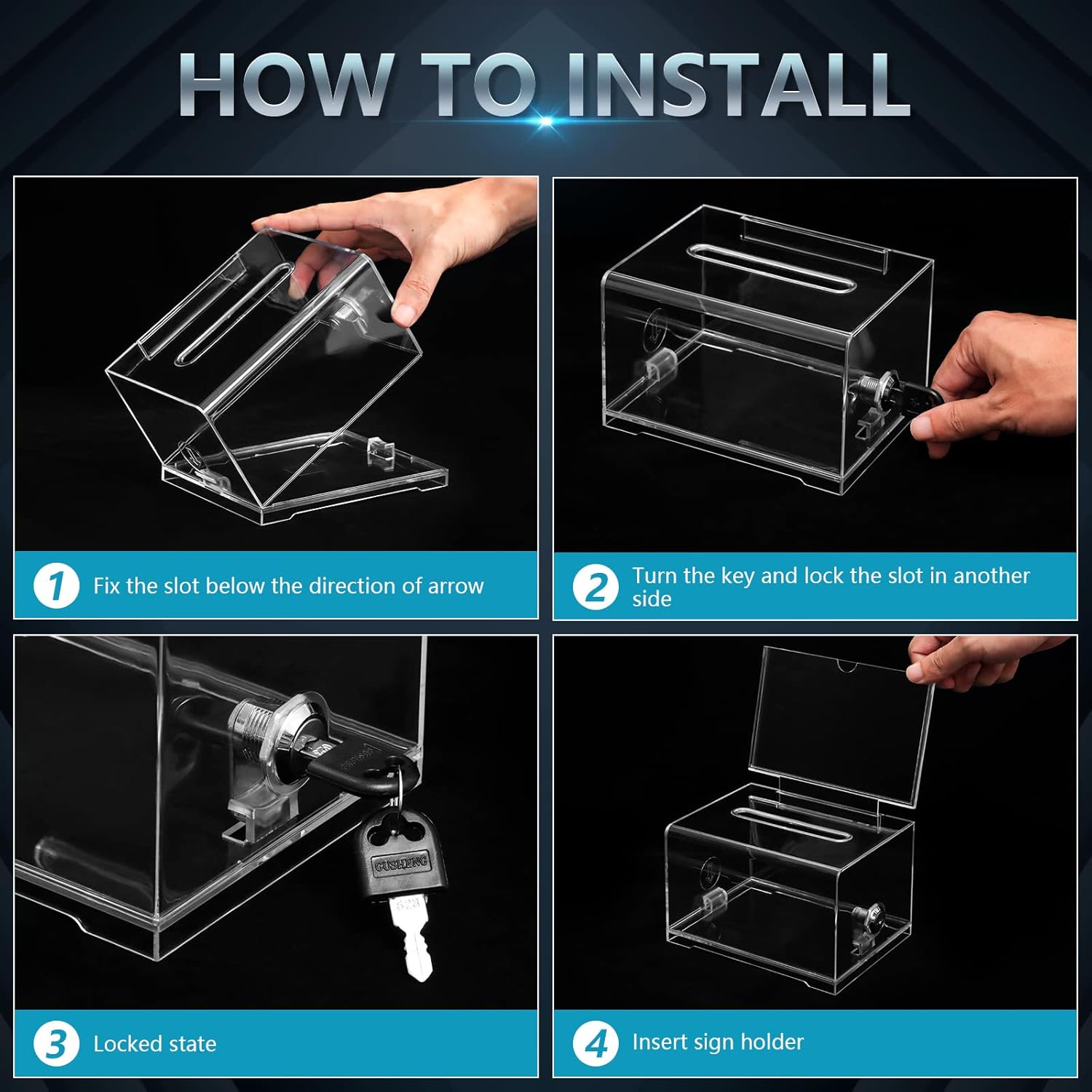 Private Label KYODOLED Clear Donation Box for Fundraising with Lock & Sign Holder, Multi-Use Voting and Raffle Box, Tip Jar, Secure Storage, Size 6.2'' x 4.6'' x 4.0'' Custom Mold Development