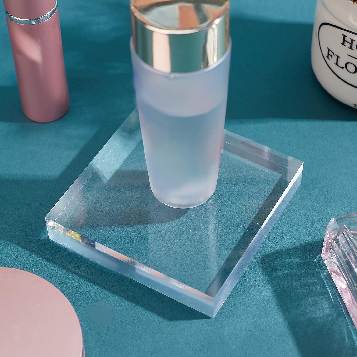 ODM CREATCABIN Square Clear Polished Acrylic Display Base Transparent Cube Pedestal Jewelry Ring Display Stands Photography Props Background for Showing Collectibles Jewelry Cosmetics Garage Kit 3.15 Inch Custom Logo Service