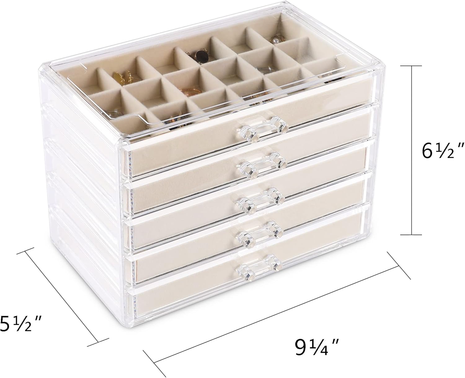 Direct Manufacturer Frebeauty Acrylic Jewelry Organizer Earring Organizer Box with 5 Drawers Earring Holder Organizer with Velvet Trays Clear Jewelry Box for Women Earring Display for Rings Studs(Beige) Low MOQ