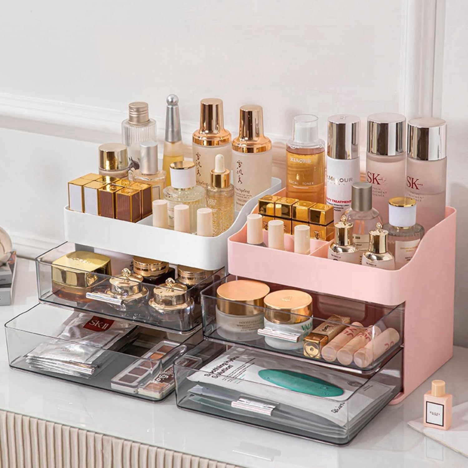 Private Label Pink Makeup & Skincare Organizer - 2 Drawer Vanity Storage Box with Cosmetic Display Case Factory Direct Price