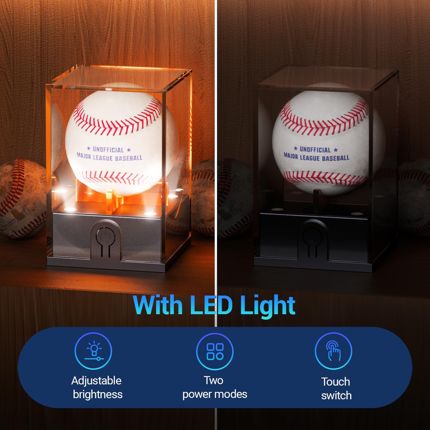 ODM Baseball Display Case with Led Light, Light up Baseball Case for Display, Acrylic Baseball Holder Display Case, UV Protected Clear Baseball Stand Baseball Cube for Memorabilia Baseball Gifts Custom Logo Service