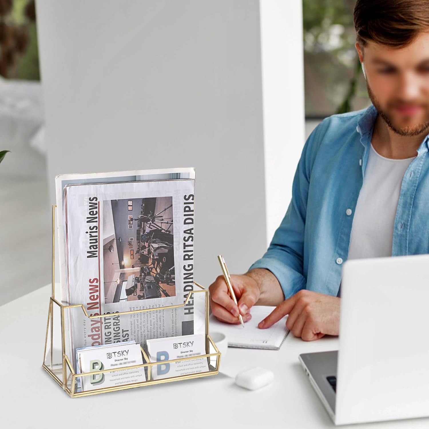 Wholesale BTSKY Golden Glass Brochure Holder 8.5 x 11 Inches, Countertop Pamphlet Holder Display Stand with Business Card Holder, Trifold Flyer Holder, Clear Elegant Brochure Display Stand for Magazine Booklets China Factory Bulk Supply