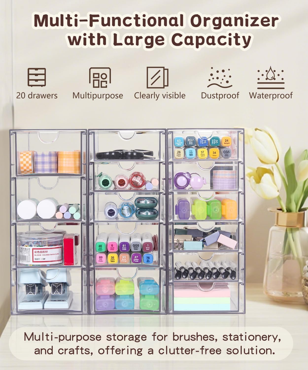 Private Label Clear Acrylic Organizer with Drawers | 15-Drawer Desktop Unit | Makeup & Desk Organization and Storage Box for Office, Craft, Vanity Table, Bathroom, Home Essentials Custom Logo Service