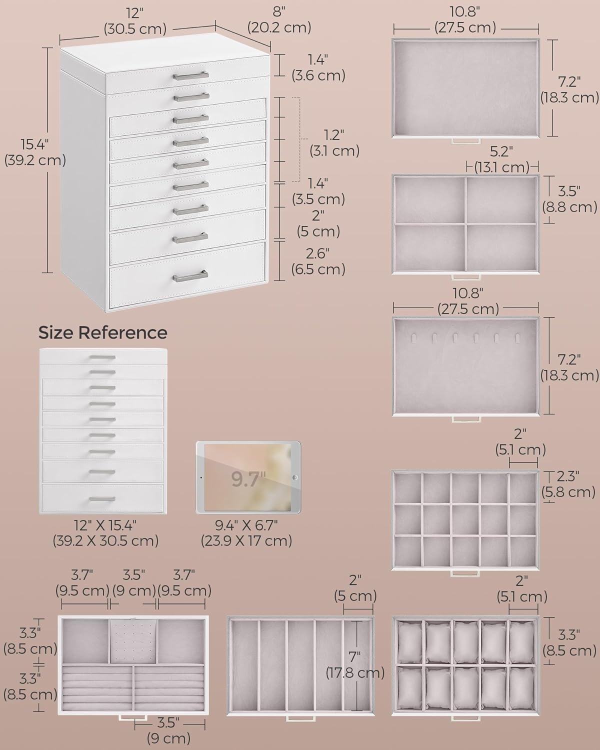 Direct Manufacturer SONGMICS Jewelry Box, 8-Tier Jewelry Organizer, Large Jewelry Case with Big Mirror, 7 Drawers, Large Capacity, Jewelry Storage, Modern Style, Gift for Loved Ones, White UJBC008W02 Low MOQ