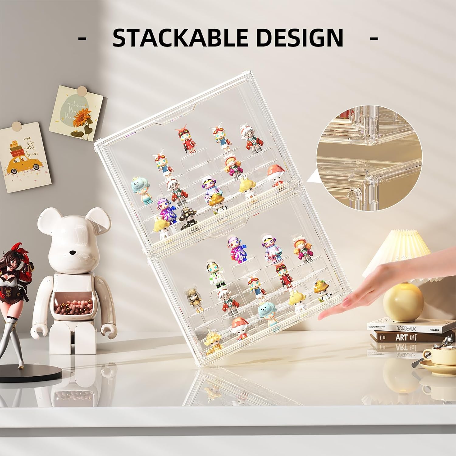 Wholesale OEM ODM JOYZAN Acrylic Display Case 2 Pack Display Boxes for Collectibles, Figure Display Case with Magnetic Door, Stackable Clear Box with Moveable Cylindrical Modules for Popmart, Funko, Doll Factory & Supplier