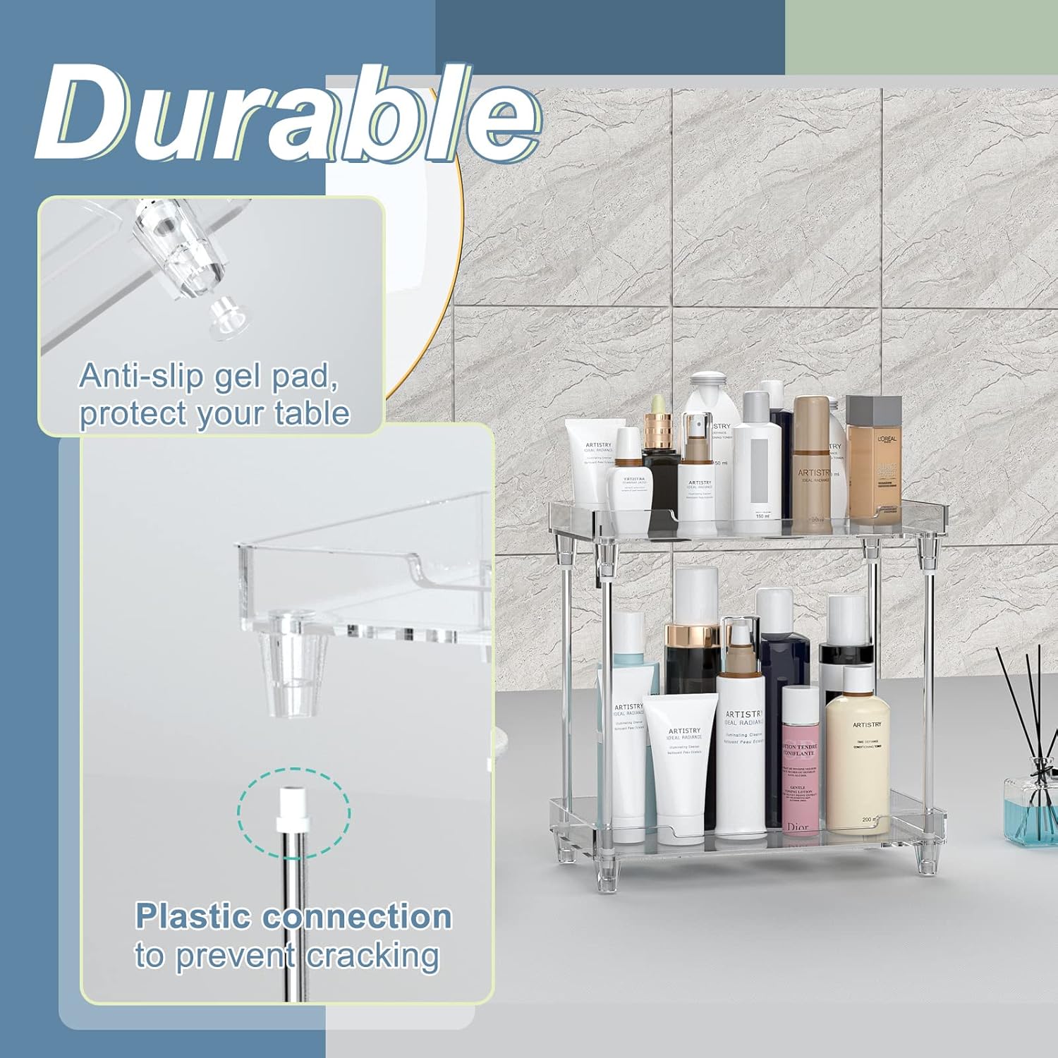 Private Label Bathroom Organizer Countertop for Makeup Cosmetic Perfume Skincare Bathroom Supplies and More, Multi-Functional Acrylic 2-Tier Vanity Tray Corner Shelf in Dresser and More Factory Direct Price