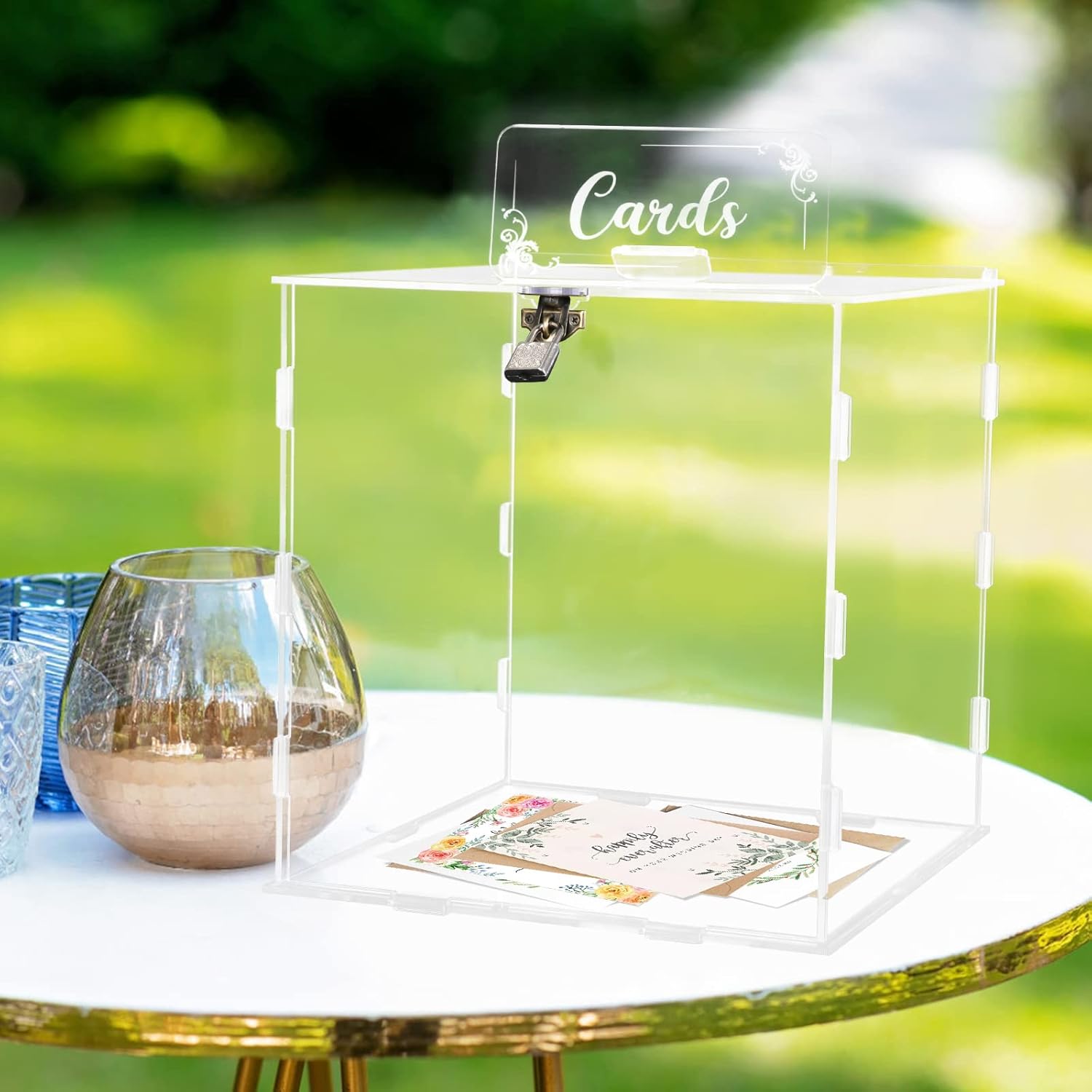 Clear Acrylic Wedding Card Box with Lock Large Blank DIY Card Boxes with 4 "Card" Text Stickers Gift Card Box for Reception, Party, Wishing Well, Money Box Holder, Graduation Decorations, Baby Shower