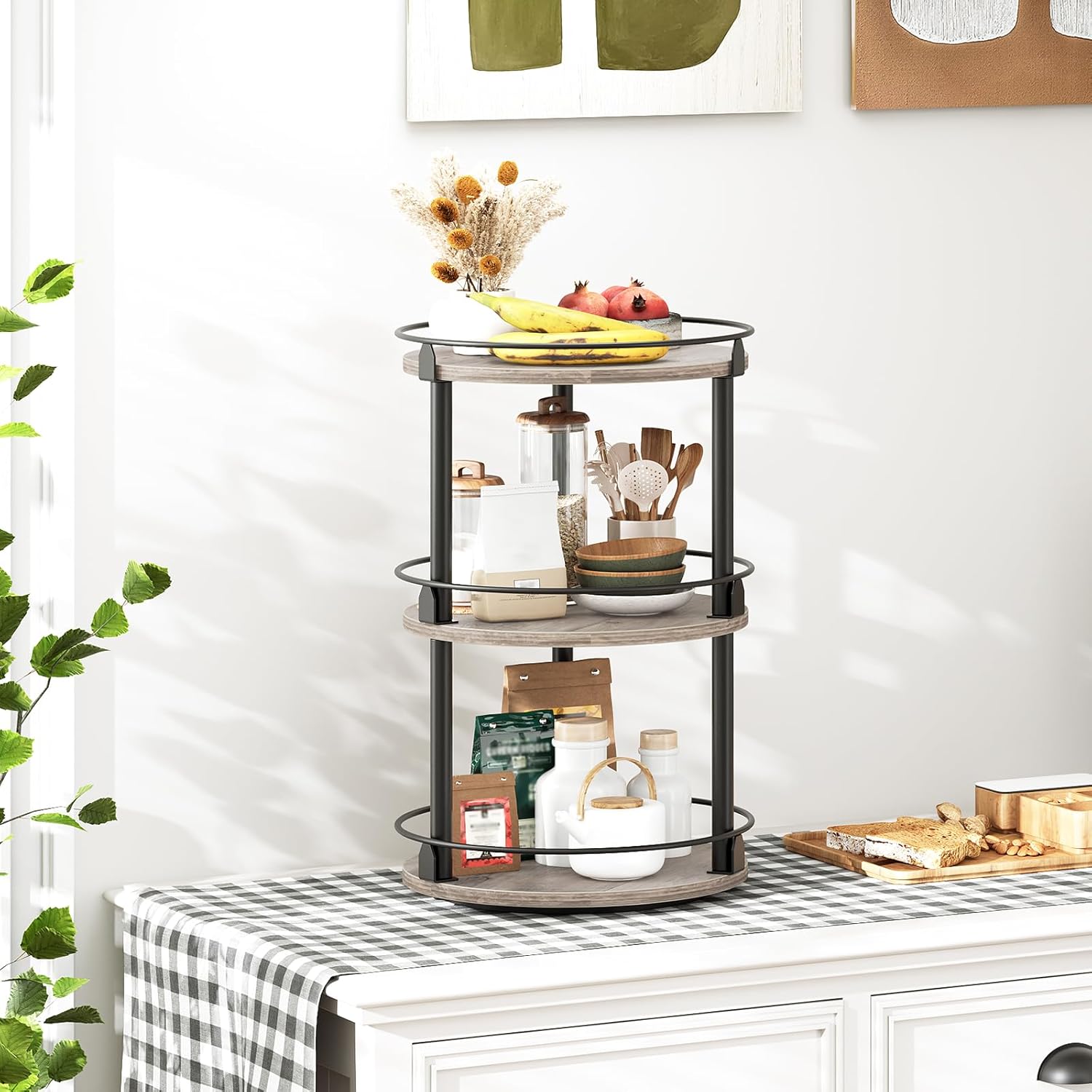 Private Label 3-Tier Lazy Susan Organizer, Rotating Spice Rack, Spinning Organizer, Industrial Turntable Spice Rack Organizer for Cabinet, Kitchen Countertop, Greige and Black SR23BG Dropshipping Friendly