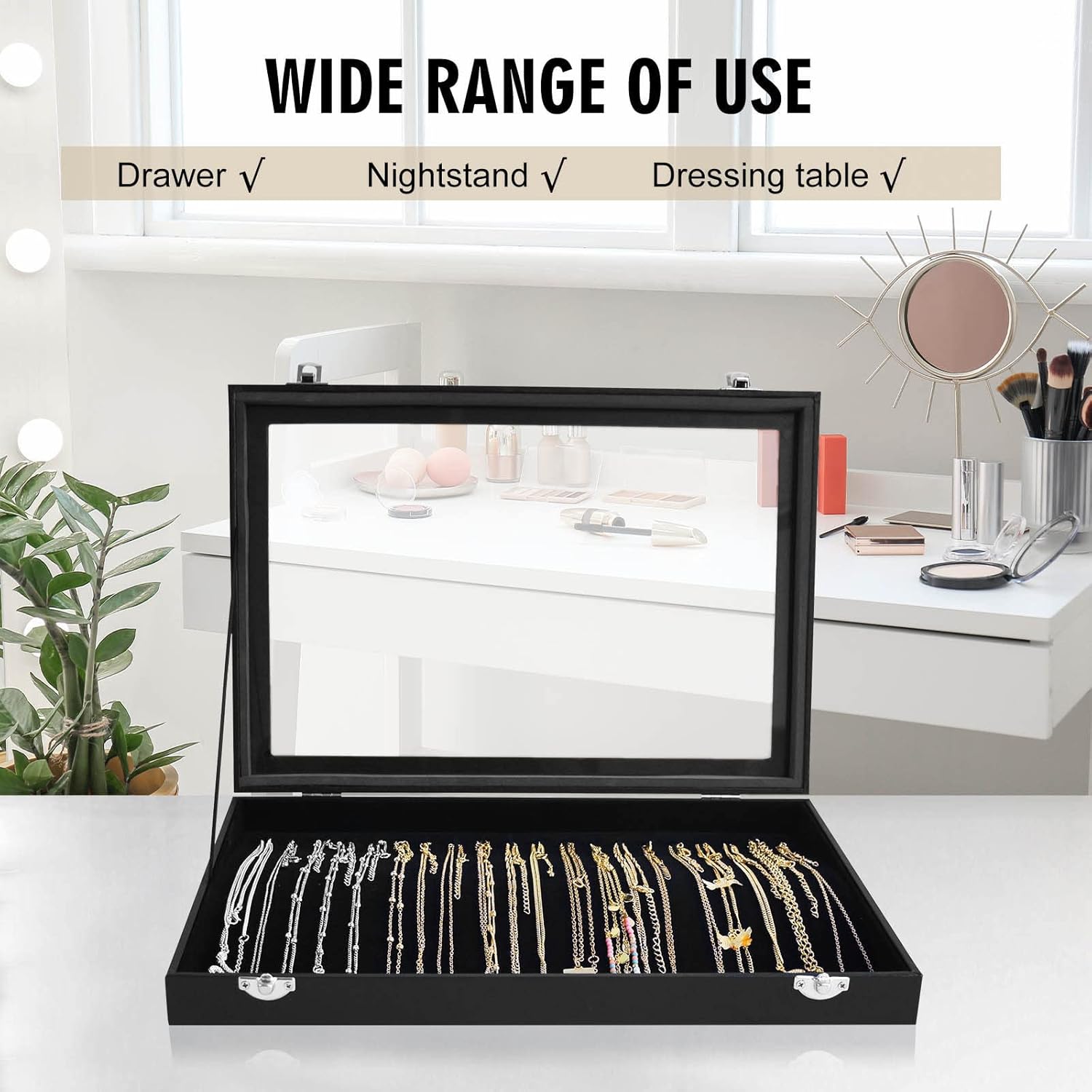 Direct Manufacturer Premium Necklace Organizer Box - 20 Hooks Jewelry Tray with Transparent Lid - Display Box for Necklaces, Pendants - Suitable for Women and Girls (Black) Low MOQ