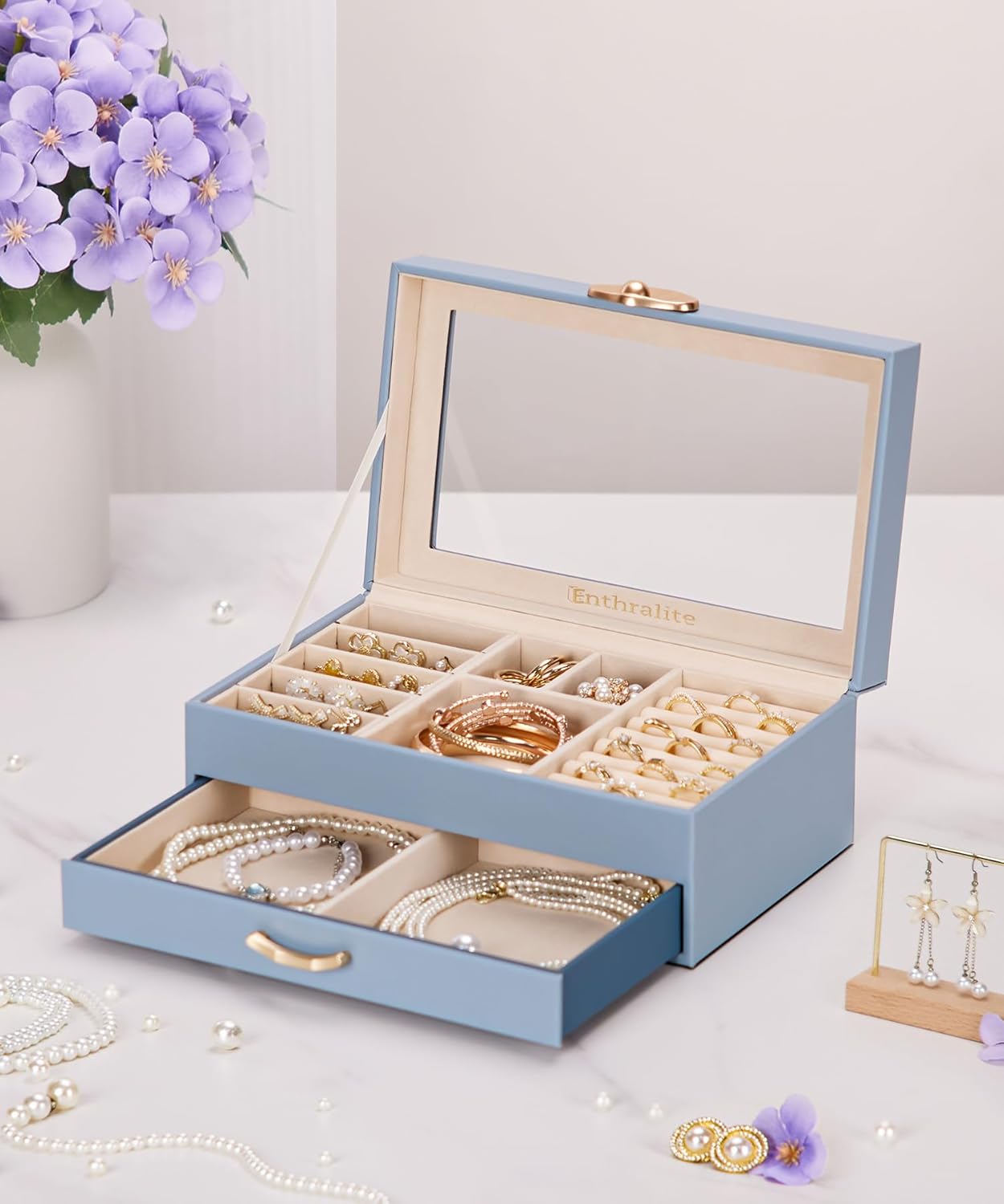 Direct Manufacturer Jewelry Box with 1 Drawers: Display Organizer for Earrings Necklaces - Gift for Girls Women (Grey Blue) Low MOQ