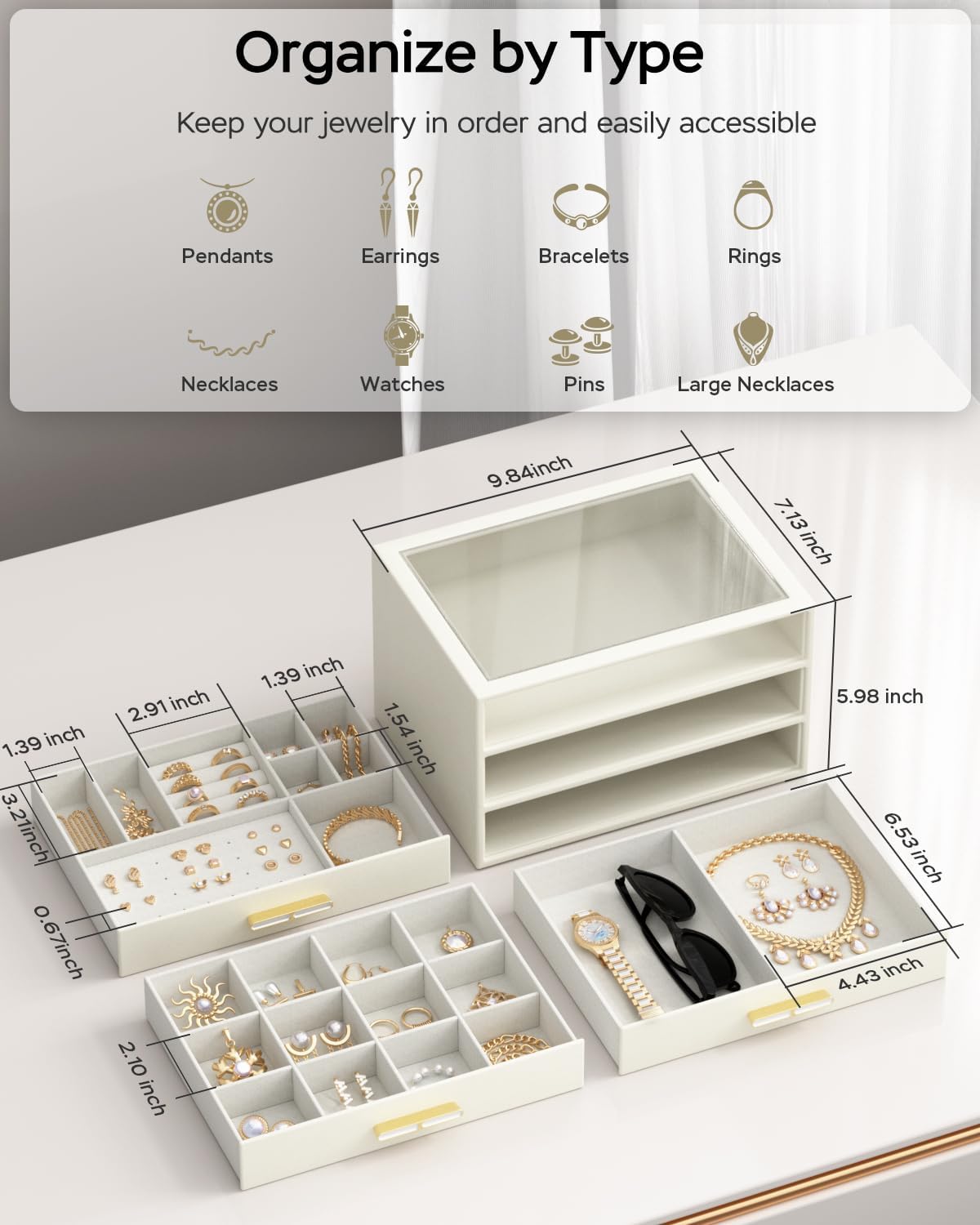 Direct Manufacturer Jewelry Box for Women, 3-Layer Drawer Jewelry Organizer with Clear lid, Large Jewelry Boxes Accessory for Necklaces, Rings, Earrings, Bracelets Storage, Mothers Day Gifts for Mom, Cloud White Low MOQ