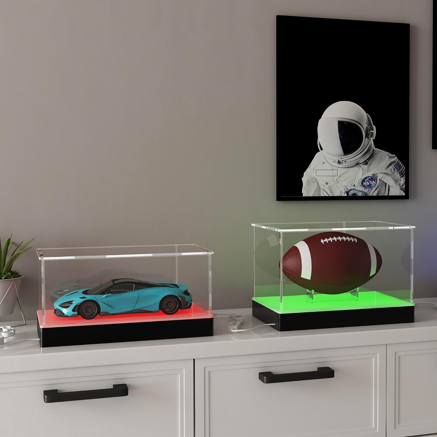 Private Label Rectangle Light Up Acrylic Display Case with RGB LED Lighted Base & Ball Holder, App & Controller, 16 Million Colors, Music Sync & Timer, Showcase 1/18 1/24 Model Cars and Collectibles Ecommerce Ready Product