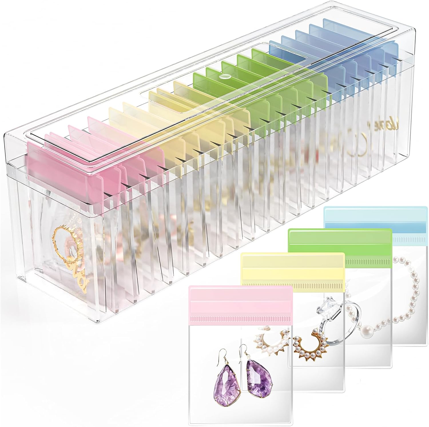Acrylic Jewelry Box Organizer, Clear Jewelry Organizers and Storage with 20 Portable Anti Tarnish Jewelry Bags, Travel Jewelry Case for Rings Earrings Necklaces