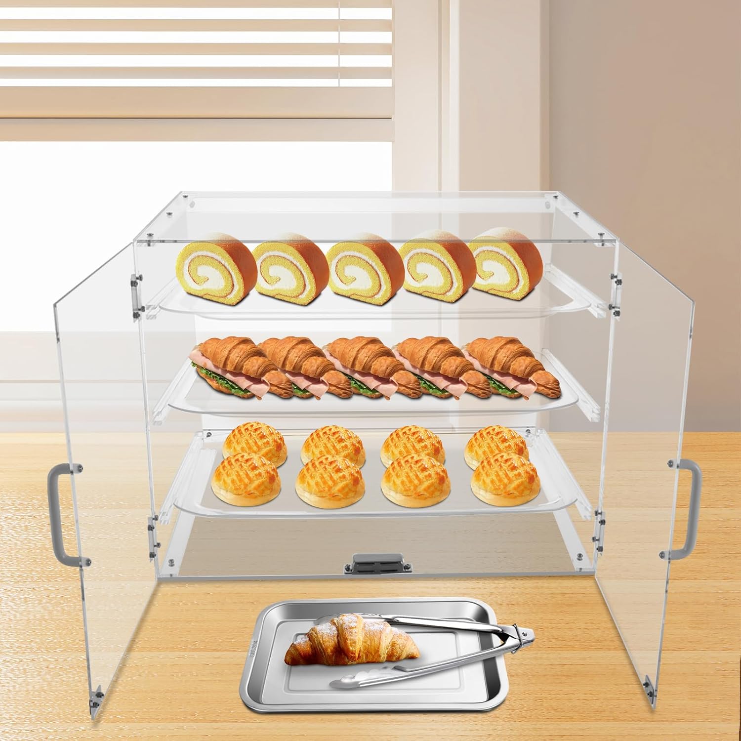 Wholesale OEM ODM 3 Tray Bakery Display Case, Acrylic Pastry Display Case Countertop with Magnetic Lock Door for Bakery Cookie Cupcake Display, 21.3 x 17.3 x 16.5 Inch Factory & Supplier