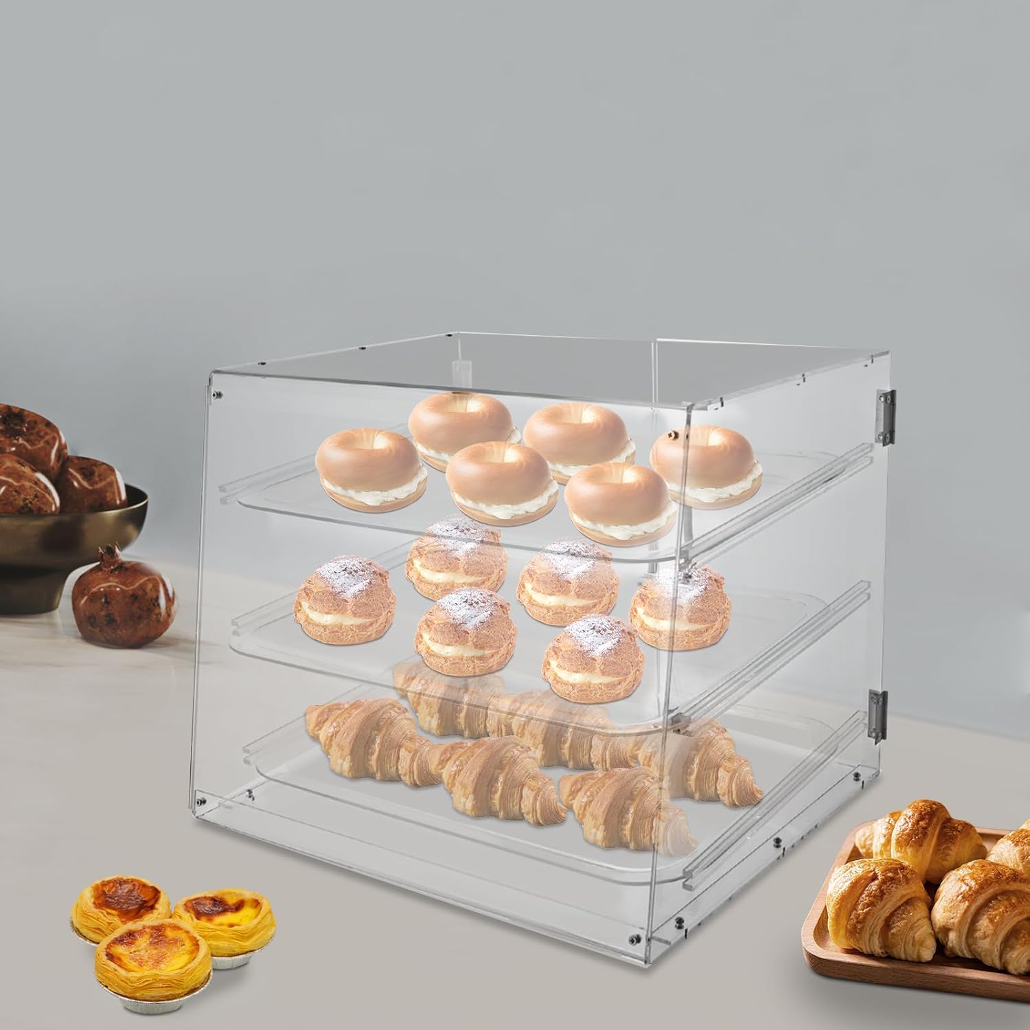 3 Tray Bakery Display Case, Acrylic Pastry Display Case Countertop with Magnetic Lock Door for Bakery Cookie Cupcake Display, 21.3 x 17.3 x 16.5 Inch