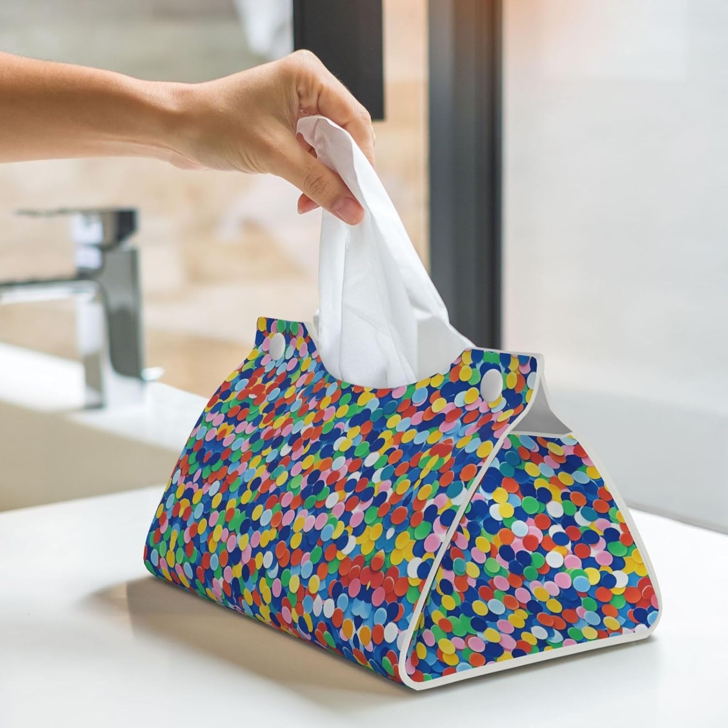Private Label Tissue Box Cover PU Leather Rectangular Tissue Holder Confetti Bright Pattern Tissue Box Decorative Napkin Dispenser Paper Holder for Night Stand Kitchen Bathroom Office 7.9" L x 4.9" W x 4.5" H Wholesale Manufacturer