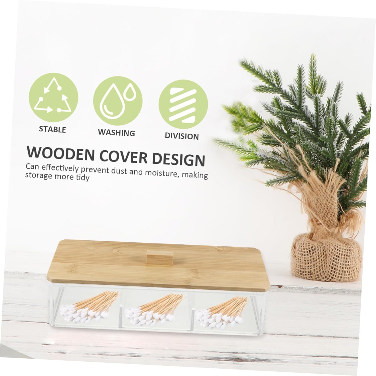 Private Label 1pc Acrylic Makeup Organizer with Natural Lid Compartment Desktop Storage Box for Cosmetics Cotton Pads and Swabs Odorless and Easy to Clean for Home and Office Use Custom Logo Service