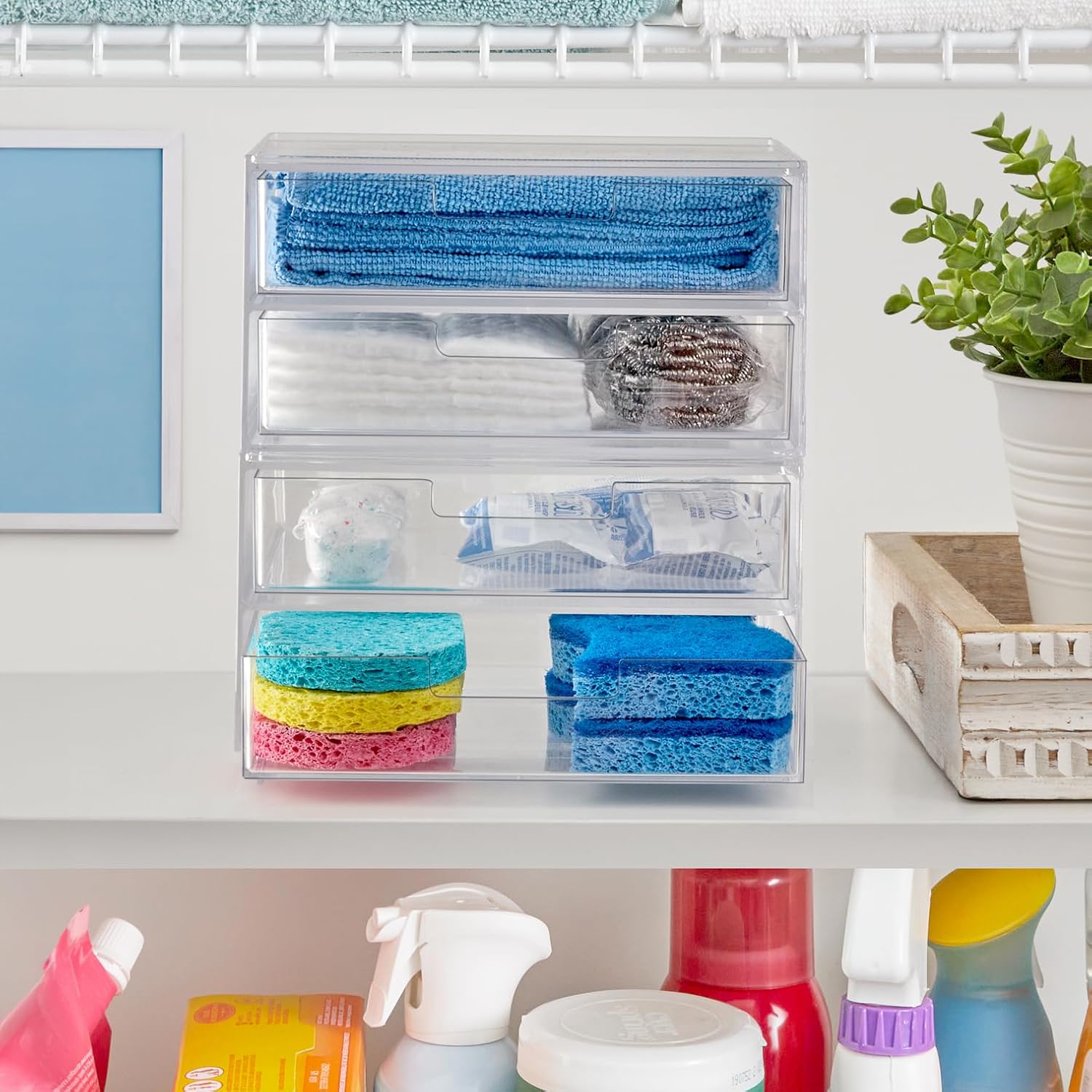Private Label STORi Chloe Space-Saving Clear Drawer Organizer (4 Wide Drawers) Sort Office, Kitchen, Beauty Supplies, Makeup, Pens, Jewelry, Stationary, Made in USA Custom Logo Service