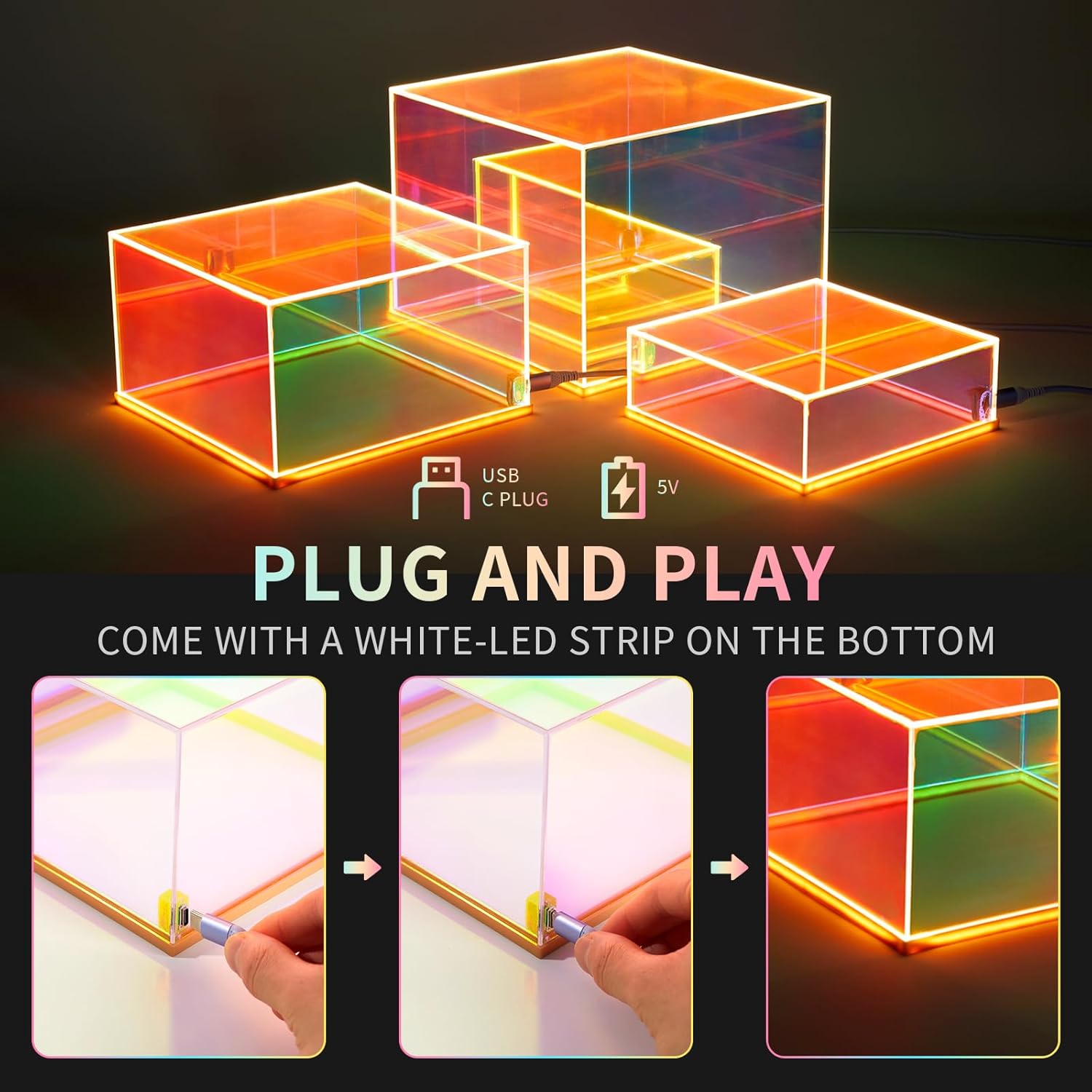 Private Label 3Pcs Iridescent Acrylic Display Risers with LED light, Acrylic Cube Box Rainbow Display Stand with Hollow Bottoms for Figures Dessert Jewelry Perfume Handbag Ecommerce Ready Product