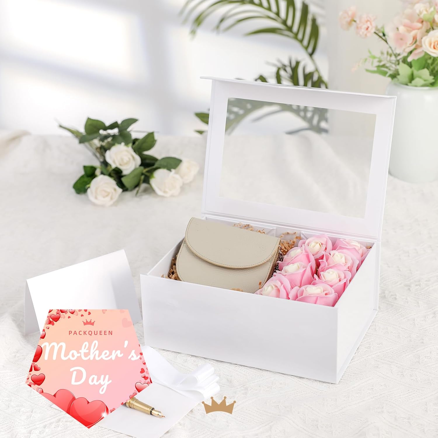 ODM 5 White Gift Boxes with Windows, 9x6.5x3.8 Inches, Clear Gift Boxes for Presents Contain Ribbons, Cards, Bridesmaid Proposal Boxes, Mothers Day Gift Boxes with Magnetic Lids (Glossy White) Custom Mold Development