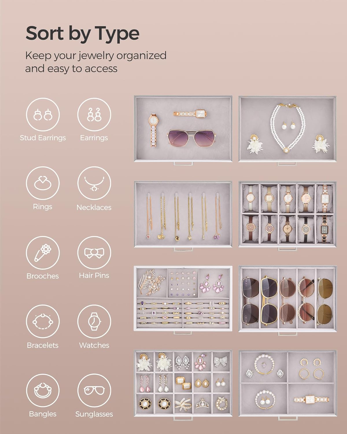 Direct Manufacturer SONGMICS Jewelry Box, 8-Tier Jewelry Organizer, Large Jewelry Case with Big Mirror, 7 Drawers, Large Capacity, Jewelry Storage, Modern Style, Gift for Loved Ones, White UJBC008W02 Low MOQ