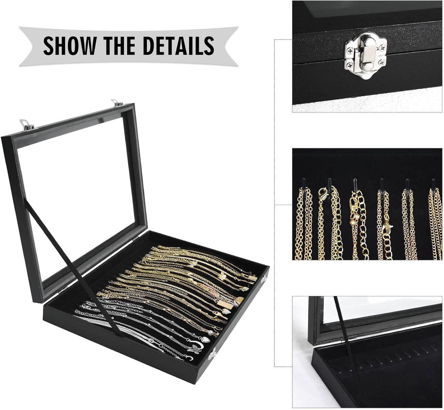 Direct Manufacturer Premium Necklace Organizer Box - 20 Hooks Jewelry Tray with Transparent Lid - Display Box for Necklaces, Pendants - Suitable for Women and Girls (Black) Low MOQ