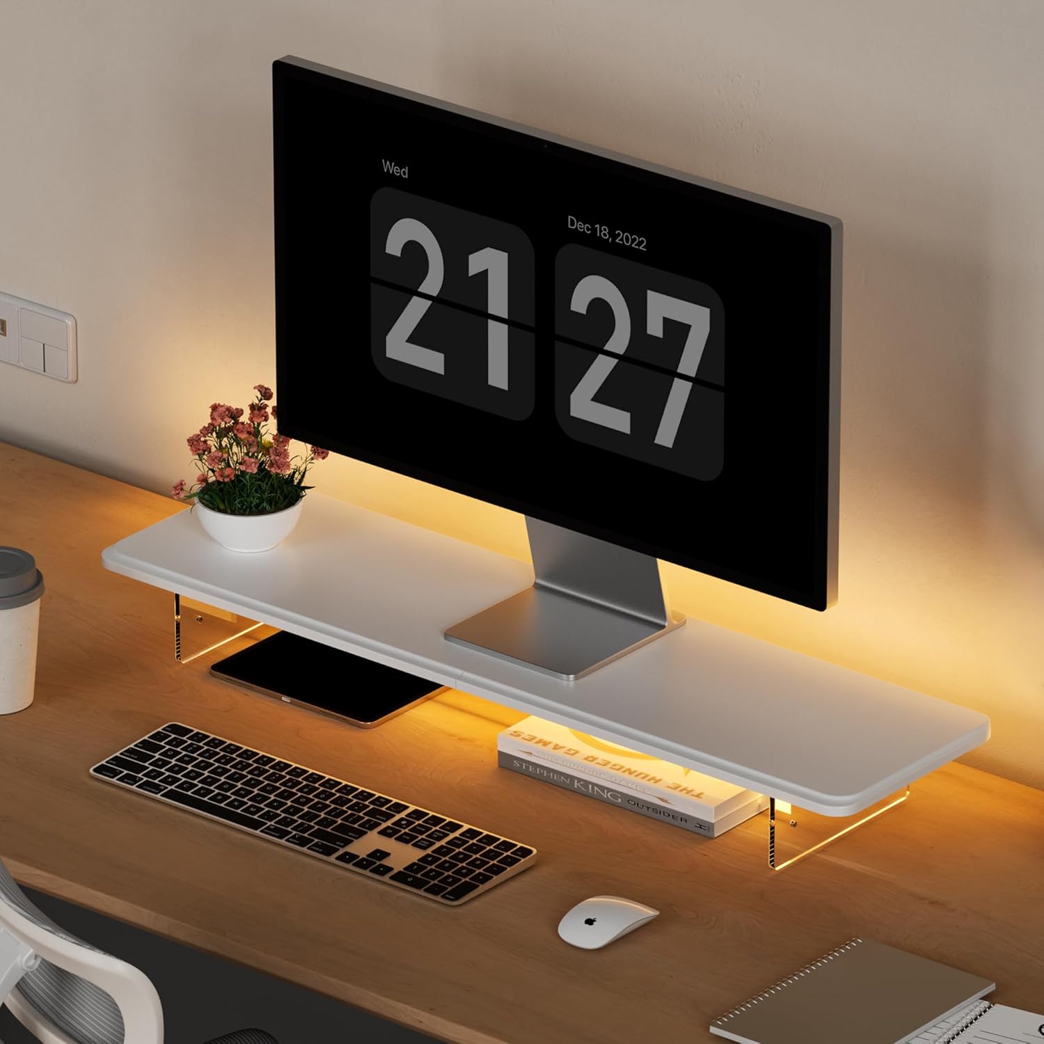 Monitor Stand Riser,31.5-Inch LED Light Wood Computer Monitor Stand with Adjustable Acrylic Legs,Desk Accessories Desktop Organizer Stand for Computer,Laptop,Printer,PC TV Screen Riser，White