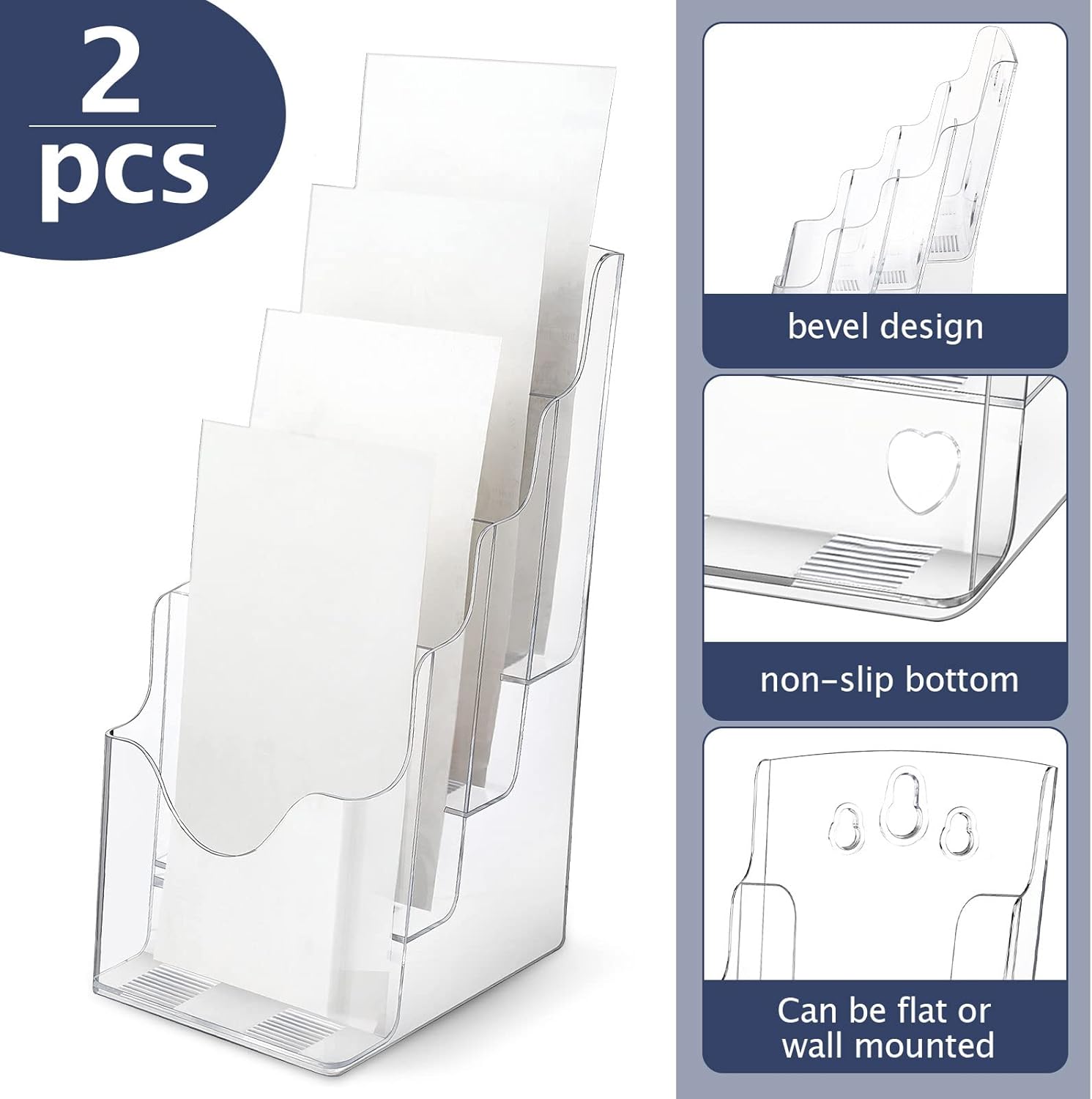 Wholesale Crtiin 2 Pieces Acrylic Brochure Holder Display Stand,4 Tier Clear Pamphlet Flyer Holder,Acrylic Magazine Clear Organizer for Wall Mount or Countertop China Factory Bulk Supply