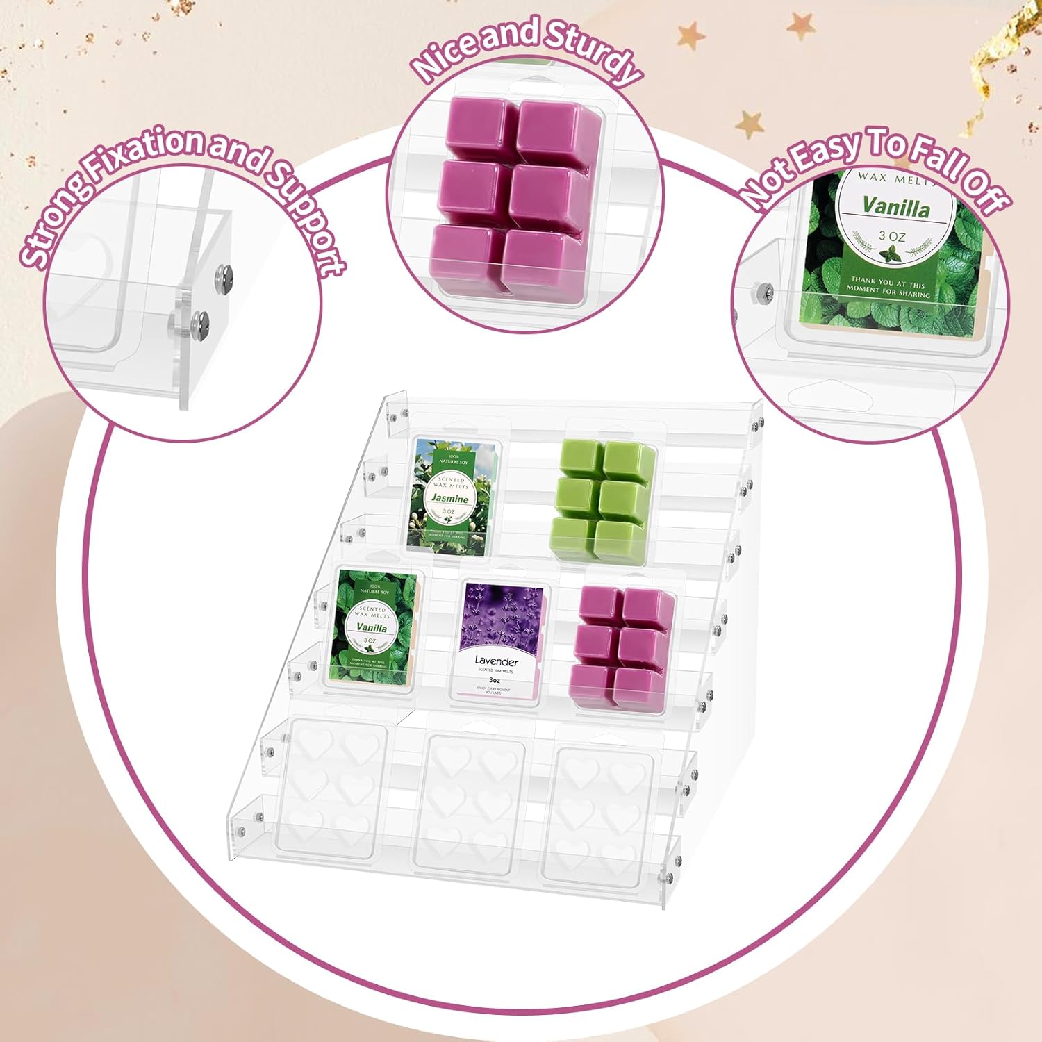 ODM 12“ Wax Melt Holder Display 7 Tier Acrylic Riser Display Stands Wax Melts Storage Clear Acrylic Display Shelf For Wax Melt Clamshells Wax Melt Candles Wax Cubes Wax Tarts Wax Block（NO Wax Melts） Custom Logo Service