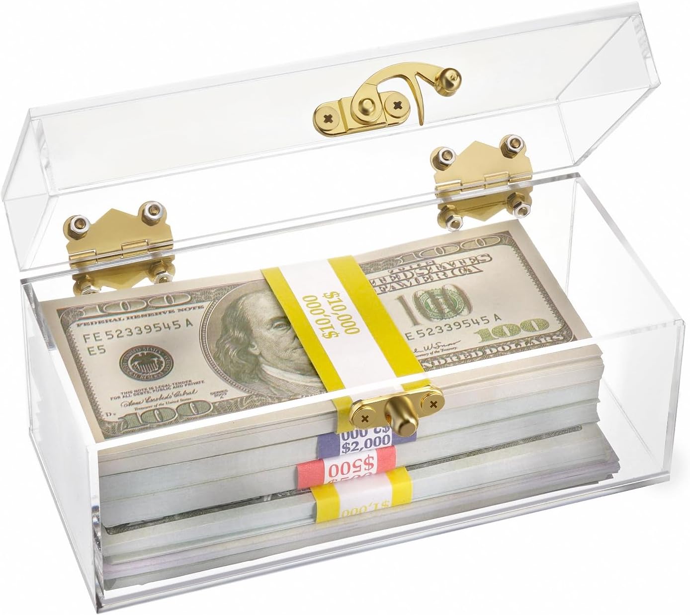 Clear Acrylic Lockable Cash Box with 30 Currency Wrappers, Acrylic Money Storage Box Holder Organizer for Cash, Single Currency Cash Tray Storage Box Holder Organizer for Money