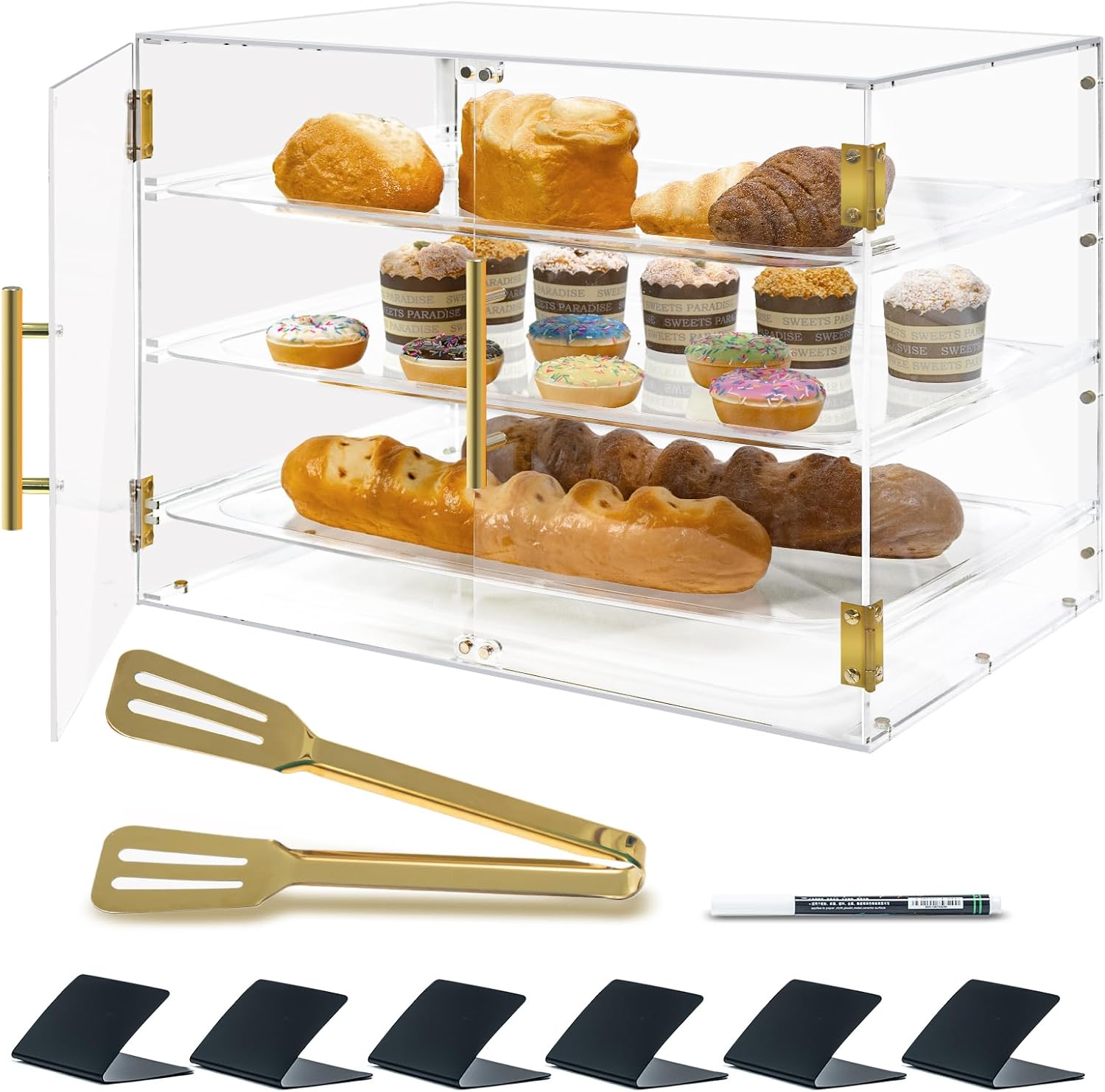 3 Tray Bakery Display Case for Commercial Countertop, 21" x 17" x 16" Cookie Display Case with Magnetic Rear Doors & Removable Trays, Acrylic Pastry Display Case for Desserts Bread Donut Bagels