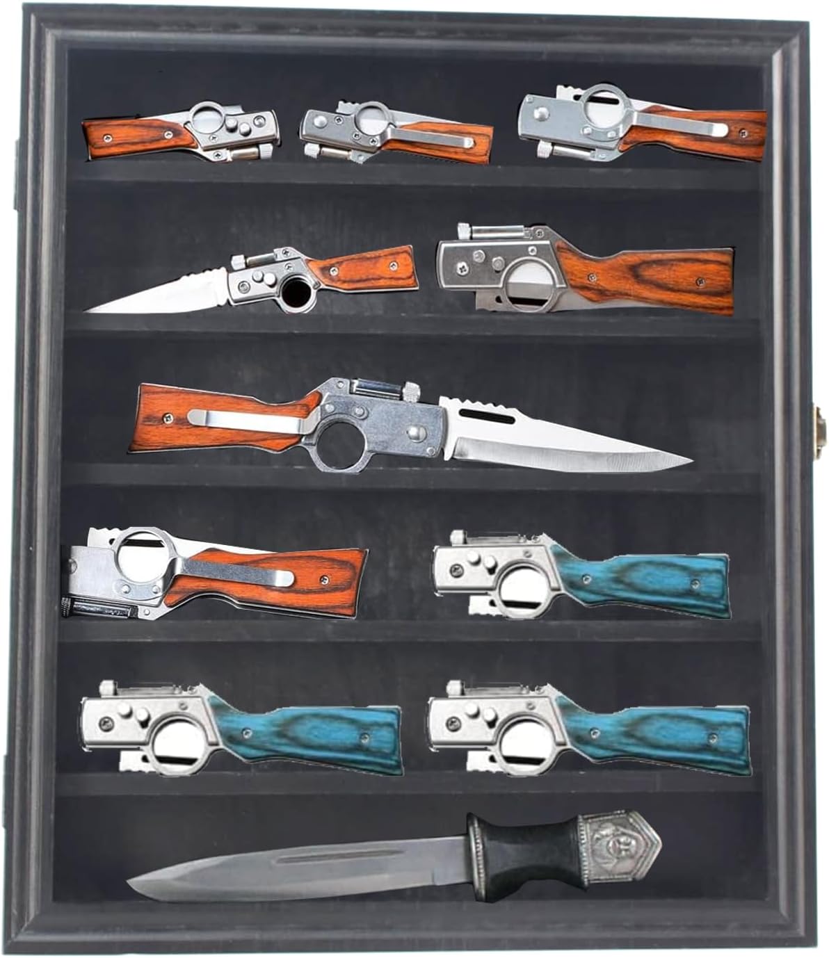 Private Label Military Folding Knife Shadow Box,Knife Display Case Pocket Knife Display Stand Acrylic Lockable Display Cabinet Wall Folding Knife Shadow Box with UV Protection for Military Knife Collection, Custom Mold Development