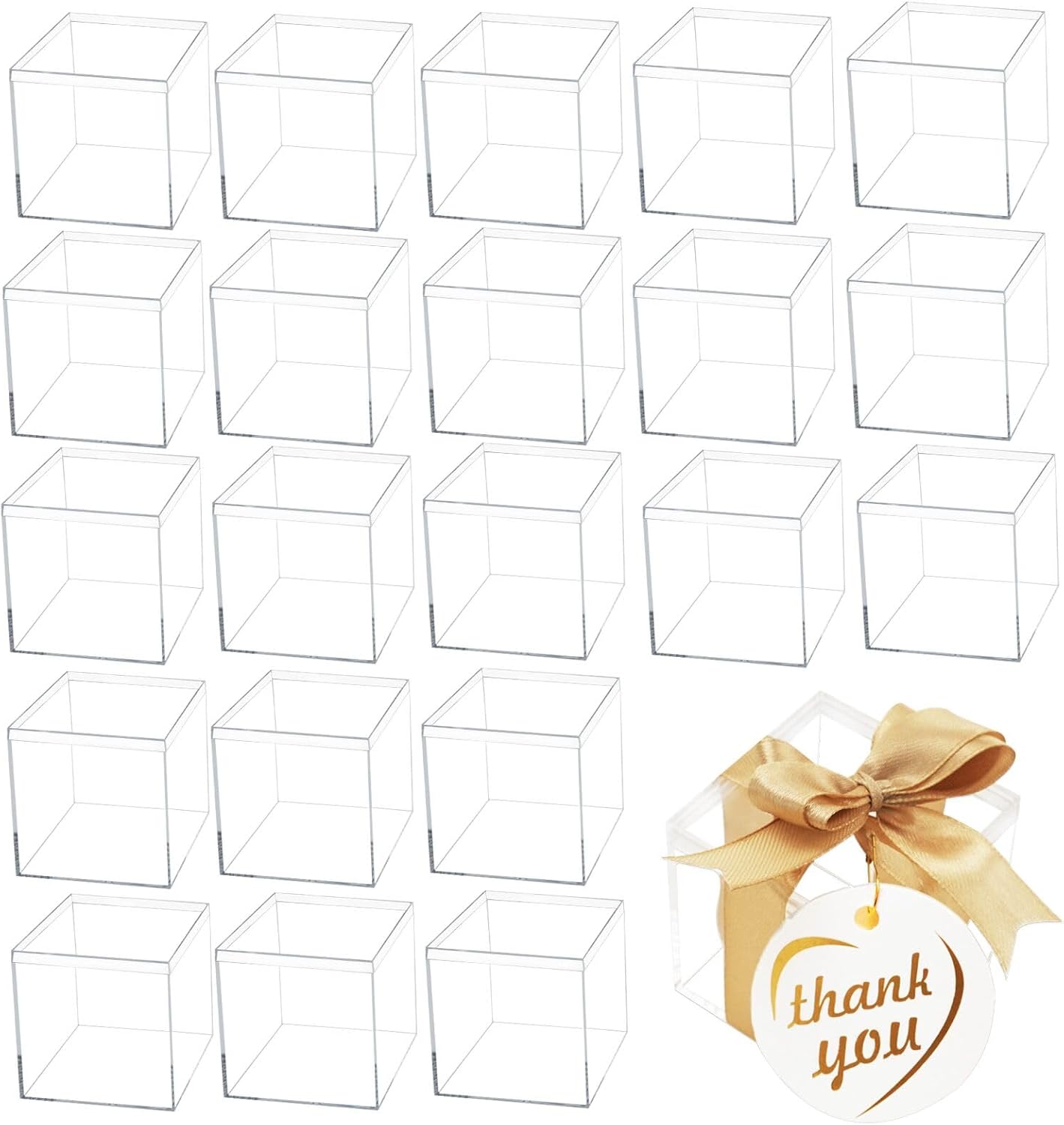 WCHOSOZH 50 Pcs Clear Acrylic Boxes, Small Clear Boxes with Lids, Square Cube with Tags, Wedding Guest Favor Plastic Square Cube Exhibition Box for Candy Desserts Head Ornament (2.2 X 2.2 X 2.2)