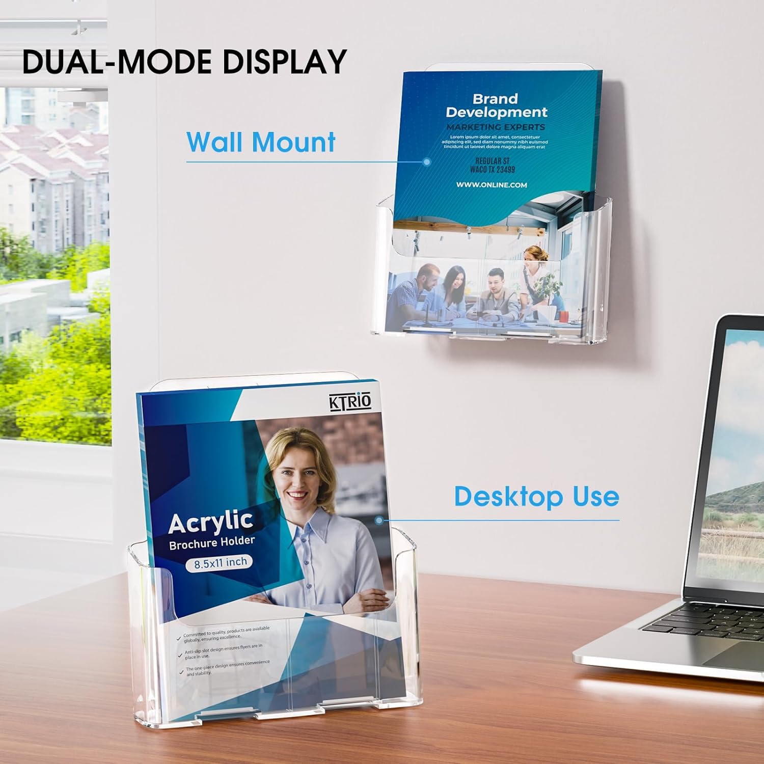 Wholesale KTRIO Acrylic Brochure Holder 8.5 x 11 inch, Plastic Clear Literature Holders Rack Card Display Trifold Brochures Stand, Stands for Flyer, Pamphlet, Magazine, Booklet, Desk & Wall Mount, 2 Pack China Factory Bulk Supply