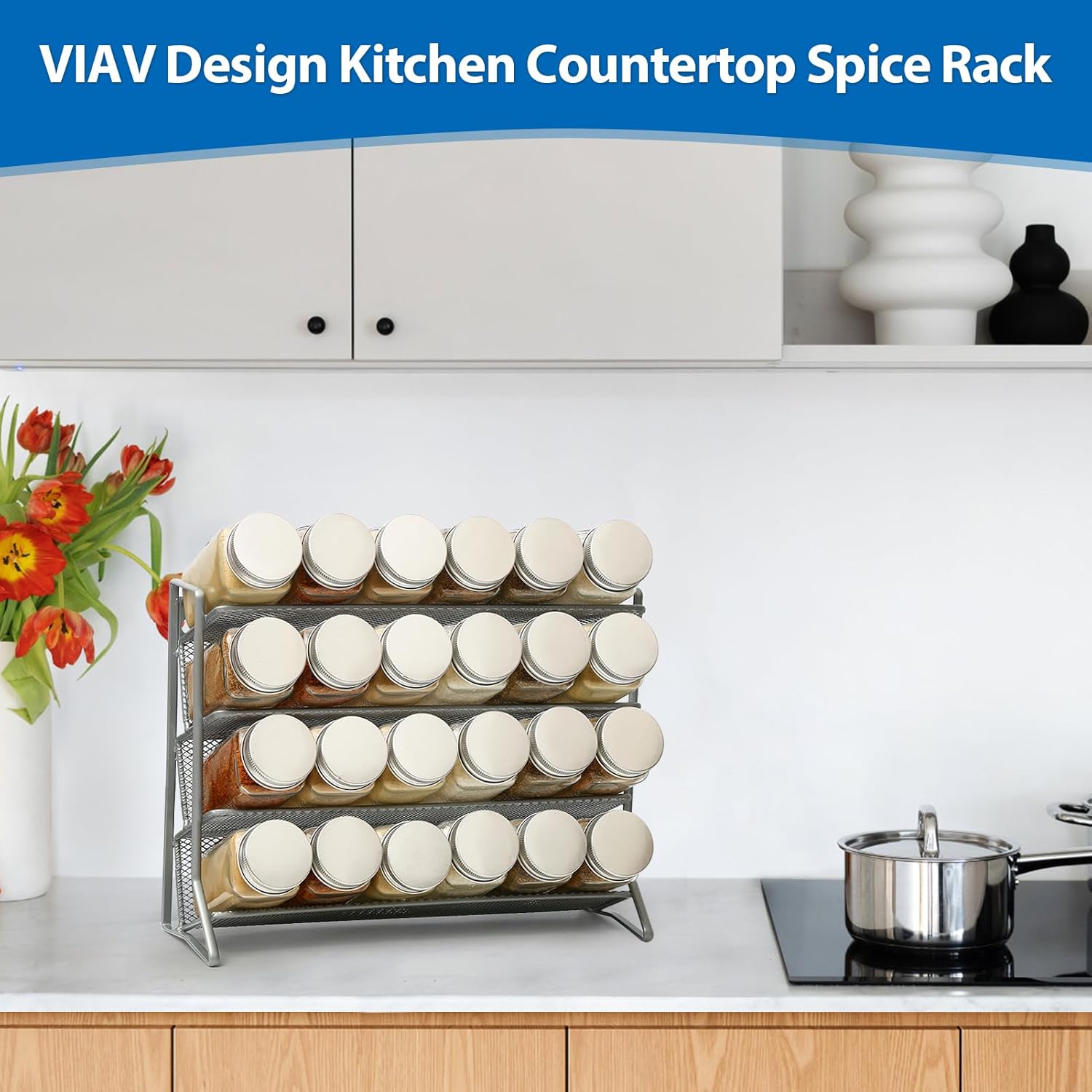 Private Label 2PCS 4Tier Spice Rack for Counter Free Standing,Spice Rack for Inside Cupboard Hanging Wall Mounted Spice Seasoning Organiser Spice Jars Bottle Organizer for Kitchen Pantry（Silver） Dropshipping Friendly