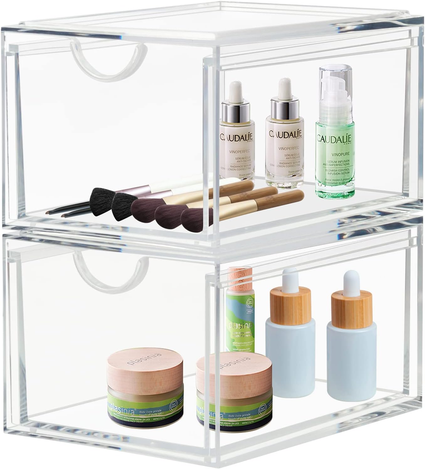 2 Pack Stackable Cosmetic Organizer Drawers, Clear Acrylic Makeup Storage Organizer Box, Plastic Storage Bins Vanity Container for Bathroom Countertop, Bedroom Dresser, Kitchen Cabinets