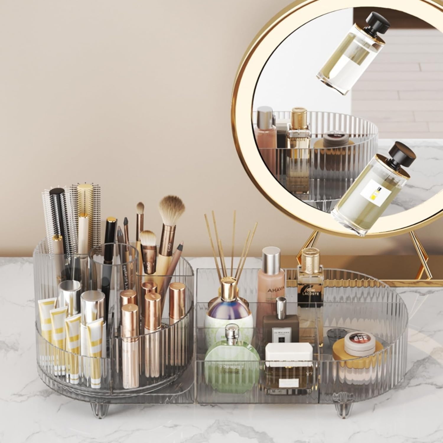Private Label Rotating makeup organizer,Large Capacity Cosmetic Display Case, easy to hold all of your makeup products, at least 20 makeup brushes/eyeliner,10 lipsticks,8 skincare products(Crystal Clear) Factory Direct Price