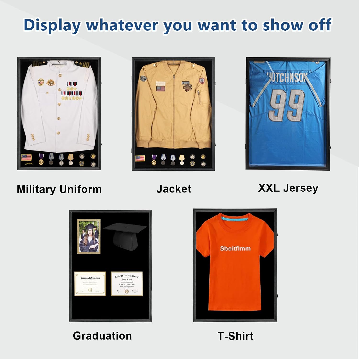 Private Label Military Uniform Display Case - Police Uniform Display Case - Lockable Wall Mount Cabinet with UV Protection Acrylic Door for Military Uniform, Jacket, XXL Jersey, Badage-Black Custom Mold Development