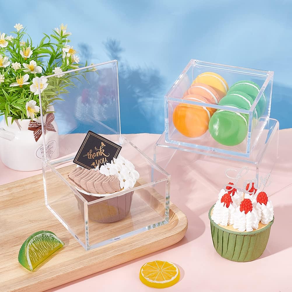 Private Label BENECREAT 2Pcs Acrylic Box with Lid, 4x4x2.3inch Clear Cube Display Case Storage Boxes Organizer Containers for Wedding Birthday Gift Packing Jewelry Office Supplies Storage Custom Logo Service