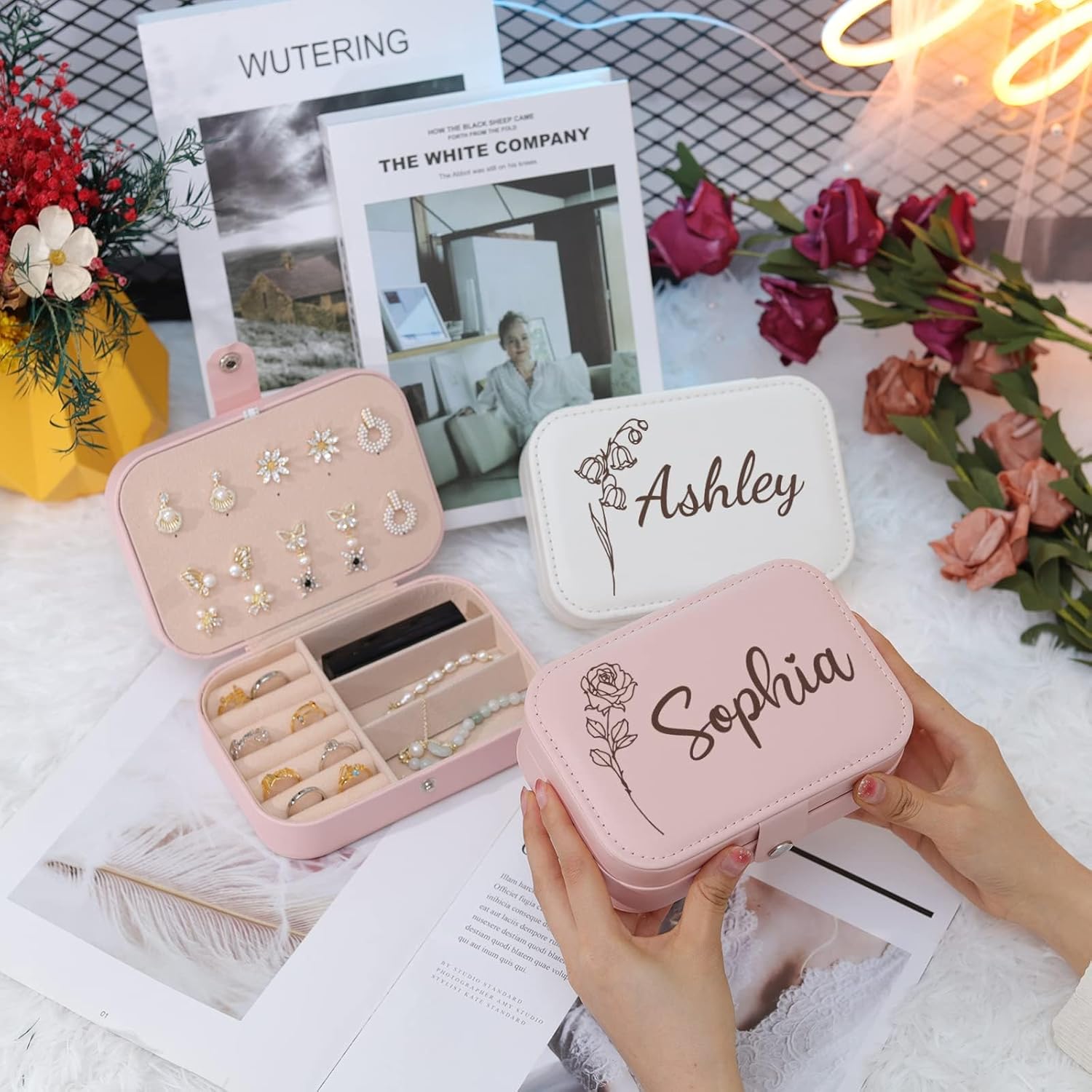 Direct Manufacturer Personalized Jewelry Box for Women, Custom Travel Jewelry Case with Name and Birth Flower, Leather Jewelry Box for Rings, Earrings, Necklaces, Personalized Gifts for Women Low MOQ