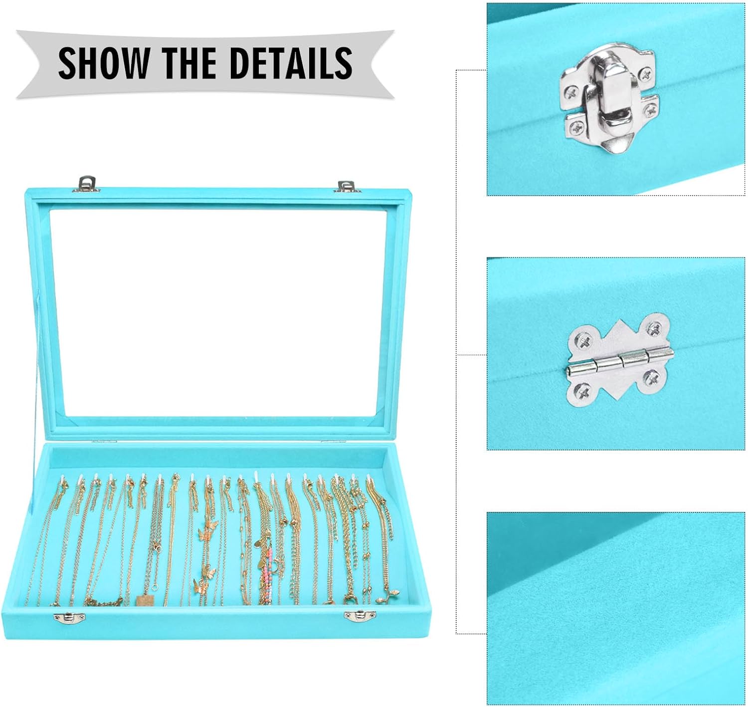 Direct Manufacturer Necklace Organizer Box Premium 20 Hooks Velvet Necklace Display Jewelry Tray with Transparent Lid Jewelry Necklace Display Box for Necklace Pendants Suitable for Women and Girls (Light Blue) Low MOQ