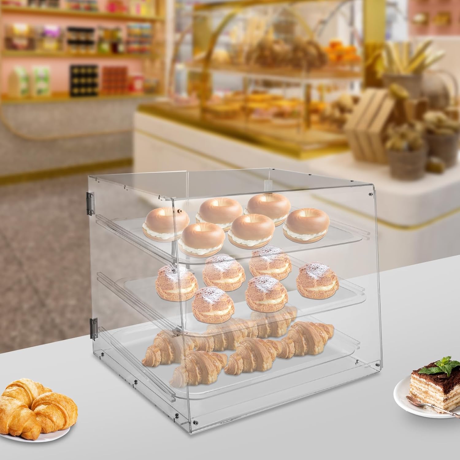 Wholesale OEM ODM 3 Tray Bakery Display Case, Acrylic Pastry Display Case Countertop with Magnetic Lock Door for Bakery Cookie Cupcake Display, 21.3 x 17.3 x 16.5 Inch Factory & Supplier