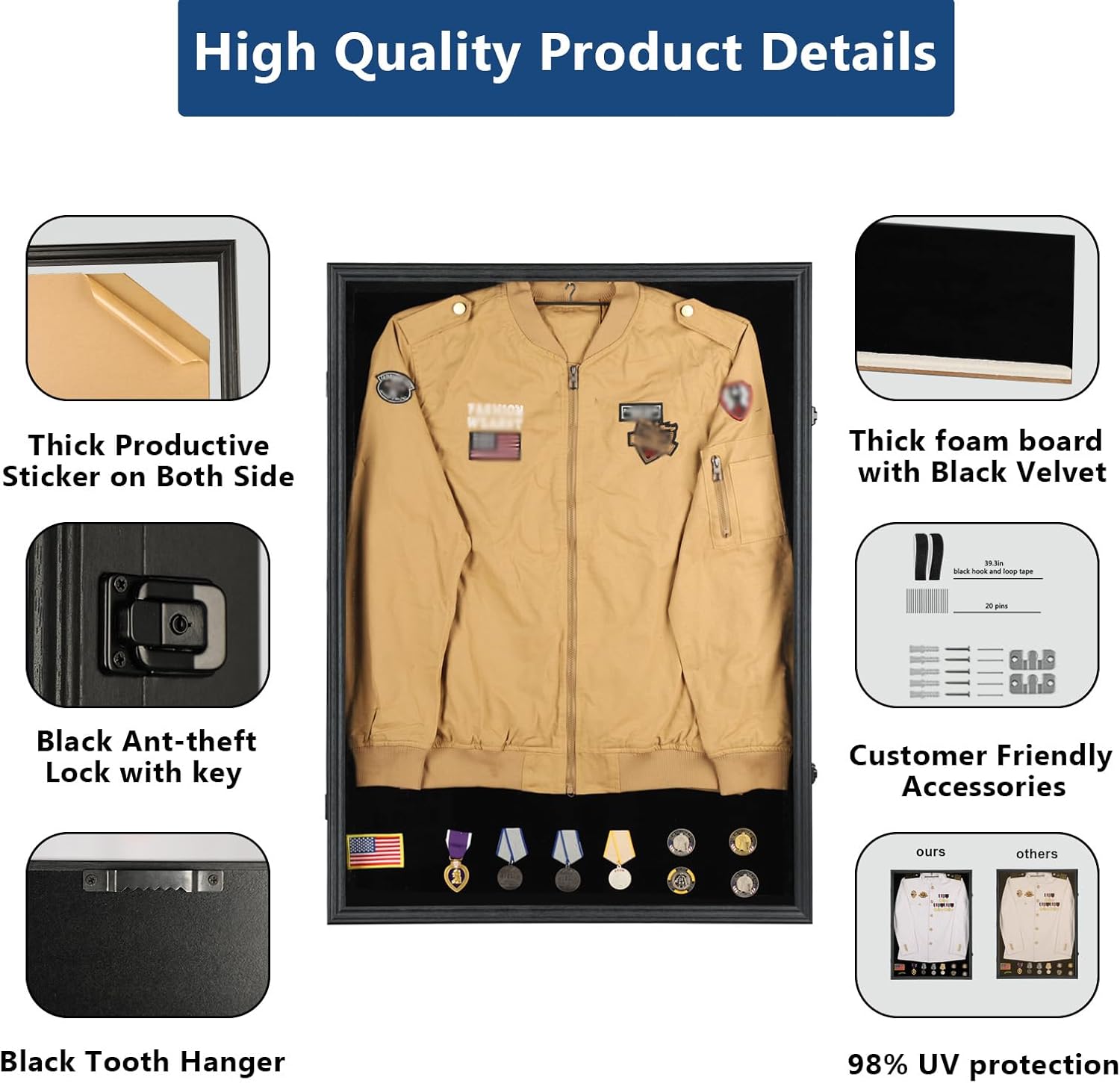 Private Label Military Uniform Display Case - Police Uniform Display Case - Lockable Wall Mount Cabinet with UV Protection Acrylic Door for Military Uniform, Jacket, XXL Jersey, Badage-Black Custom Mold Development